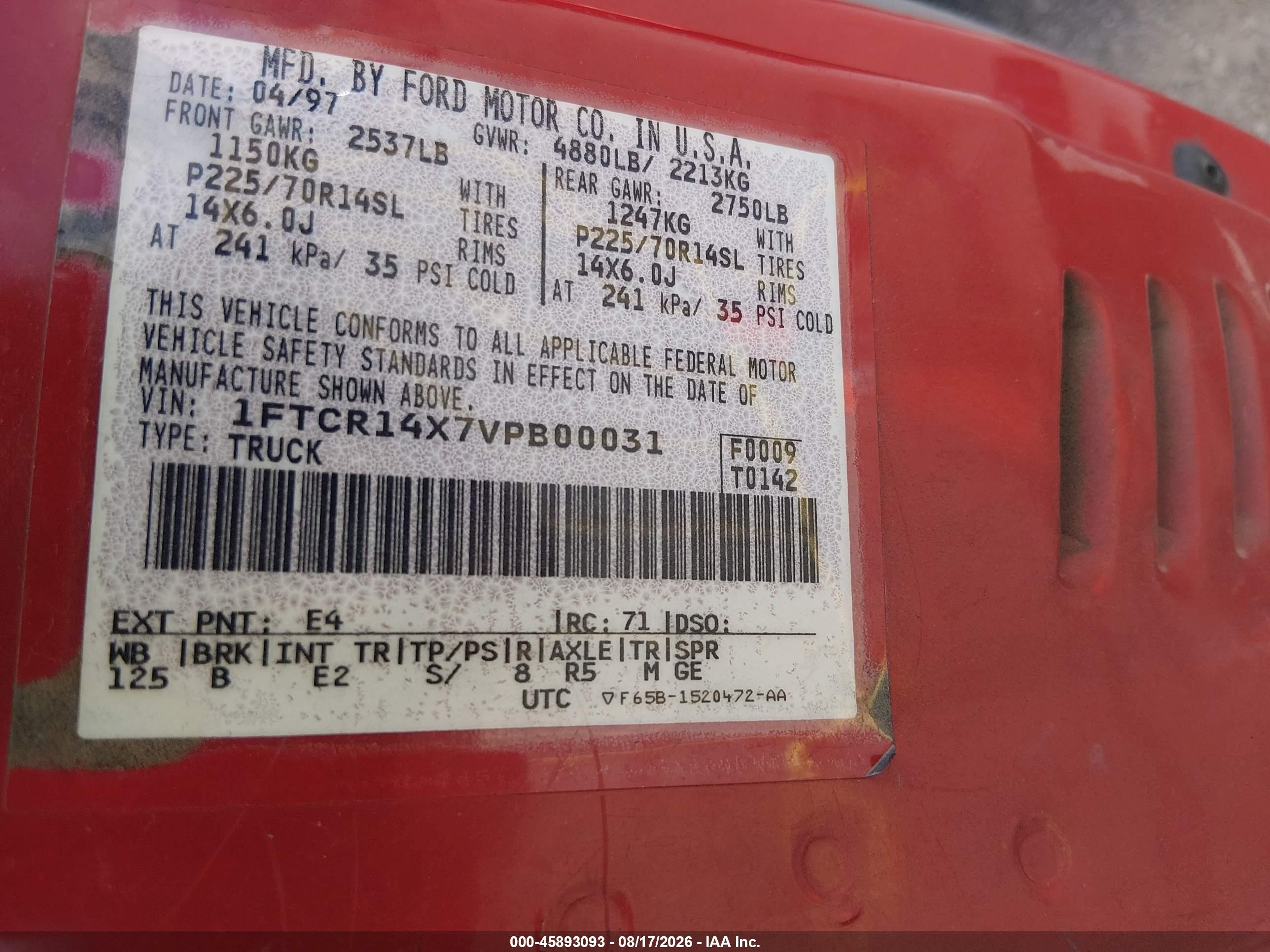 1997 Ford Ranger Splash/xlt Red vin: 1FTCR14X7VPB00031
