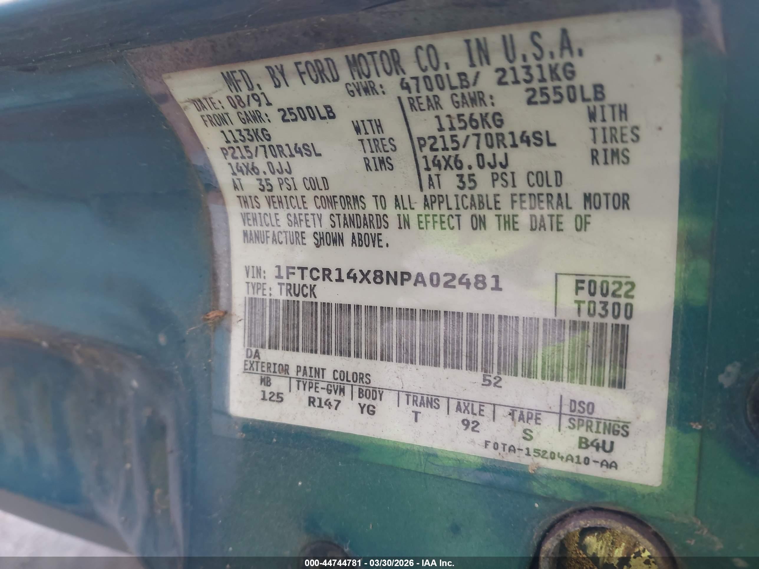 1992 Ford Ranger Super Cab Green vin: 1FTCR14X8NPA02481