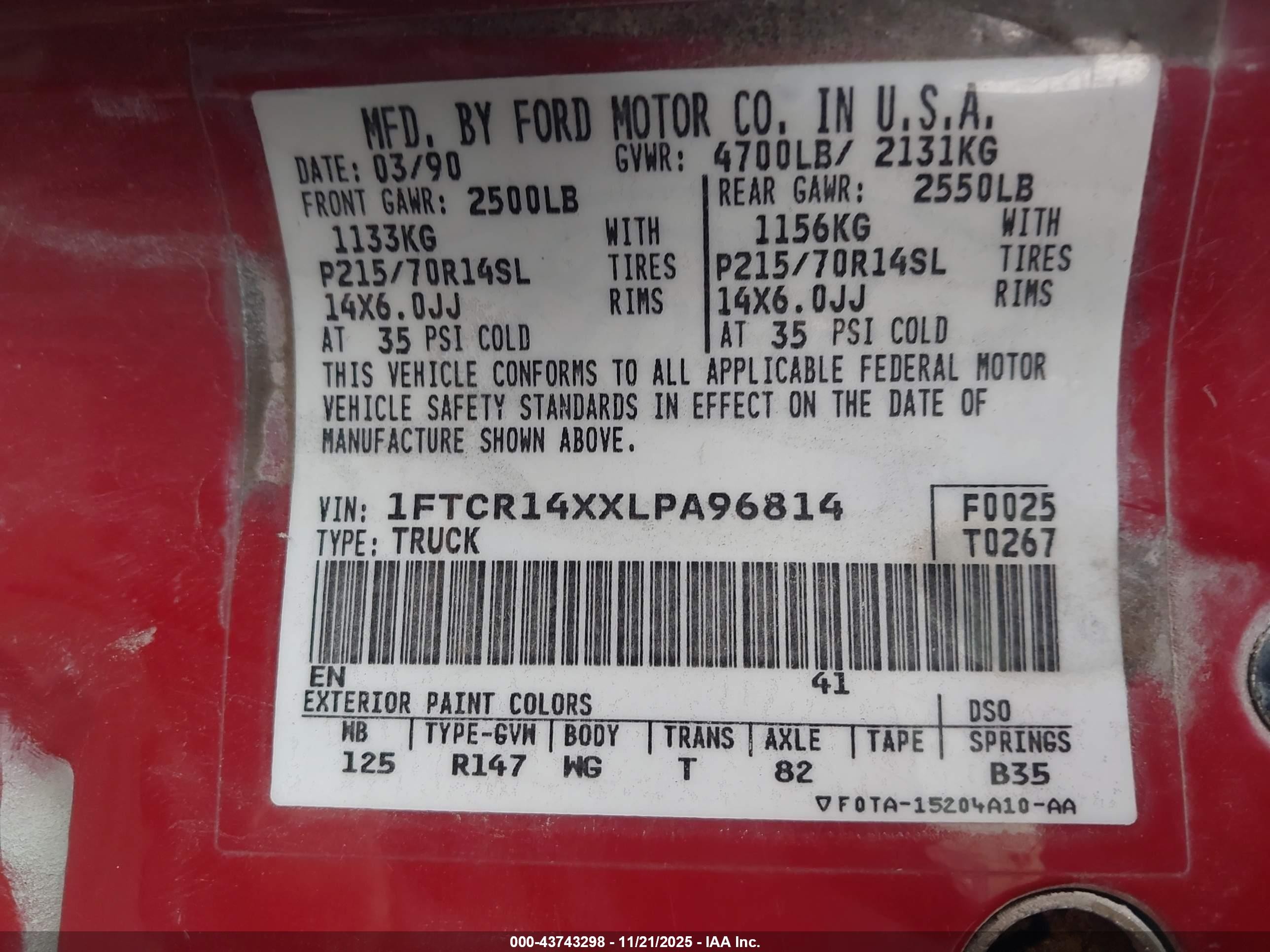 1990 Ford Ranger Super Cab Red vin: 1FTCR14XXLPA96814