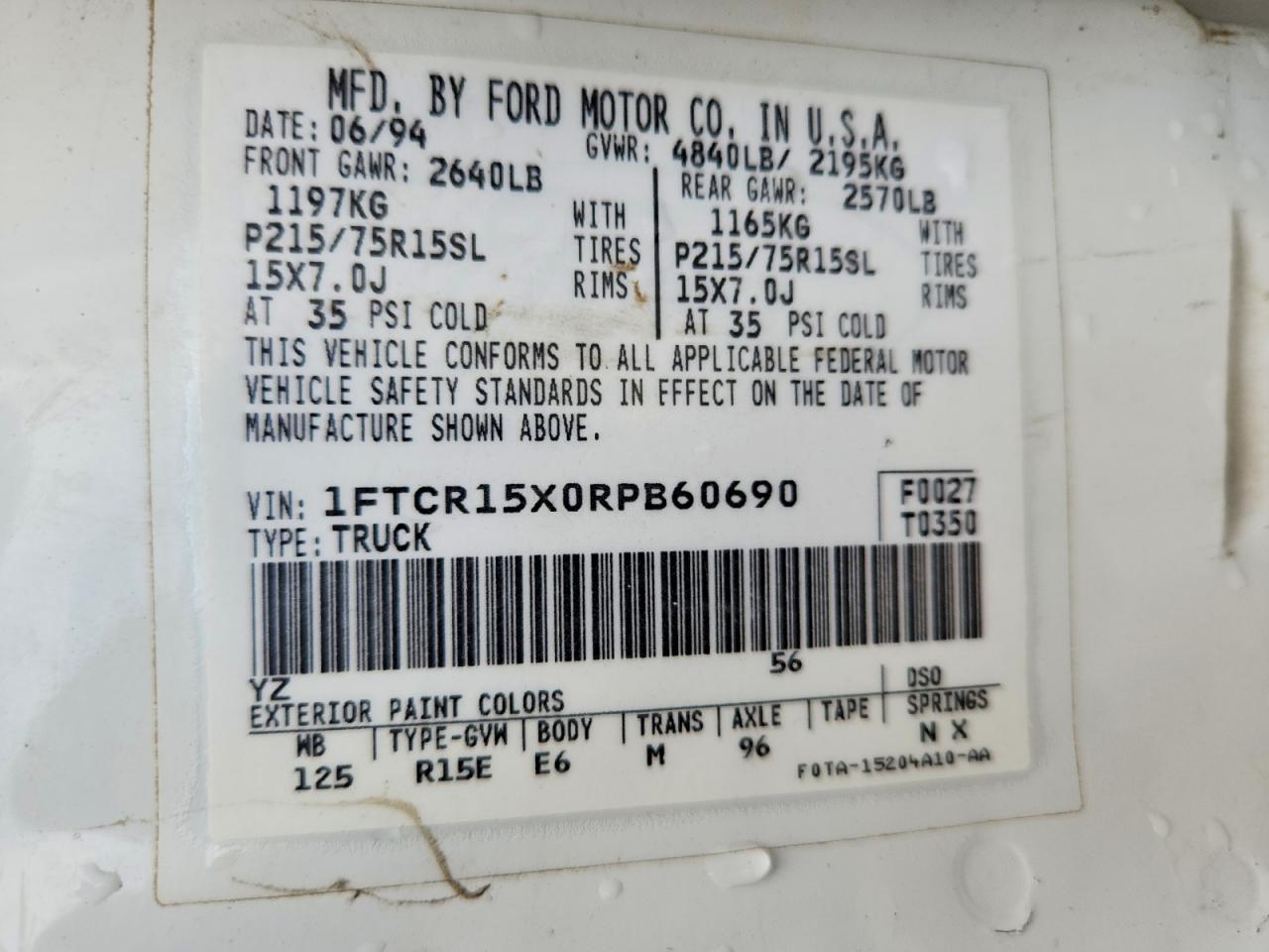 1994 Ford Ranger Super Cab White vin: 1FTCR15X0RPB60690