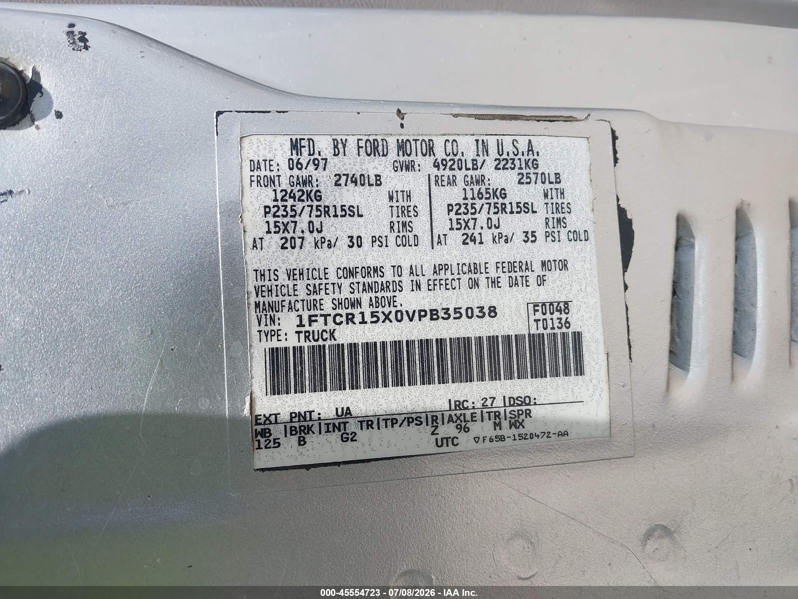 1997 Ford Ranger Splash/stx/xlt Silver vin: 1FTCR15X0VPB35038