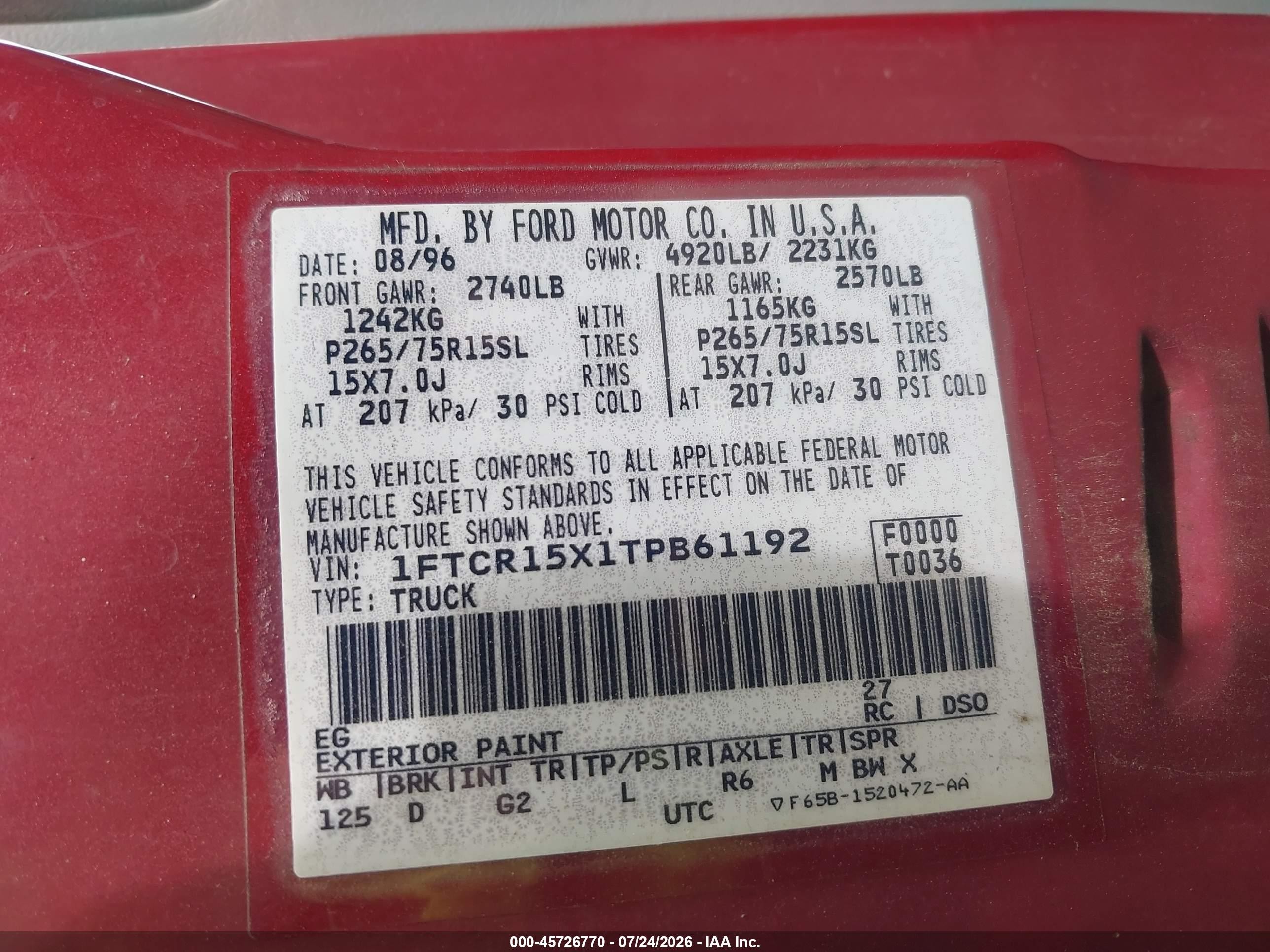 1996 Ford Ranger Super Cab Red vin: 1FTCR15X1TPB61192