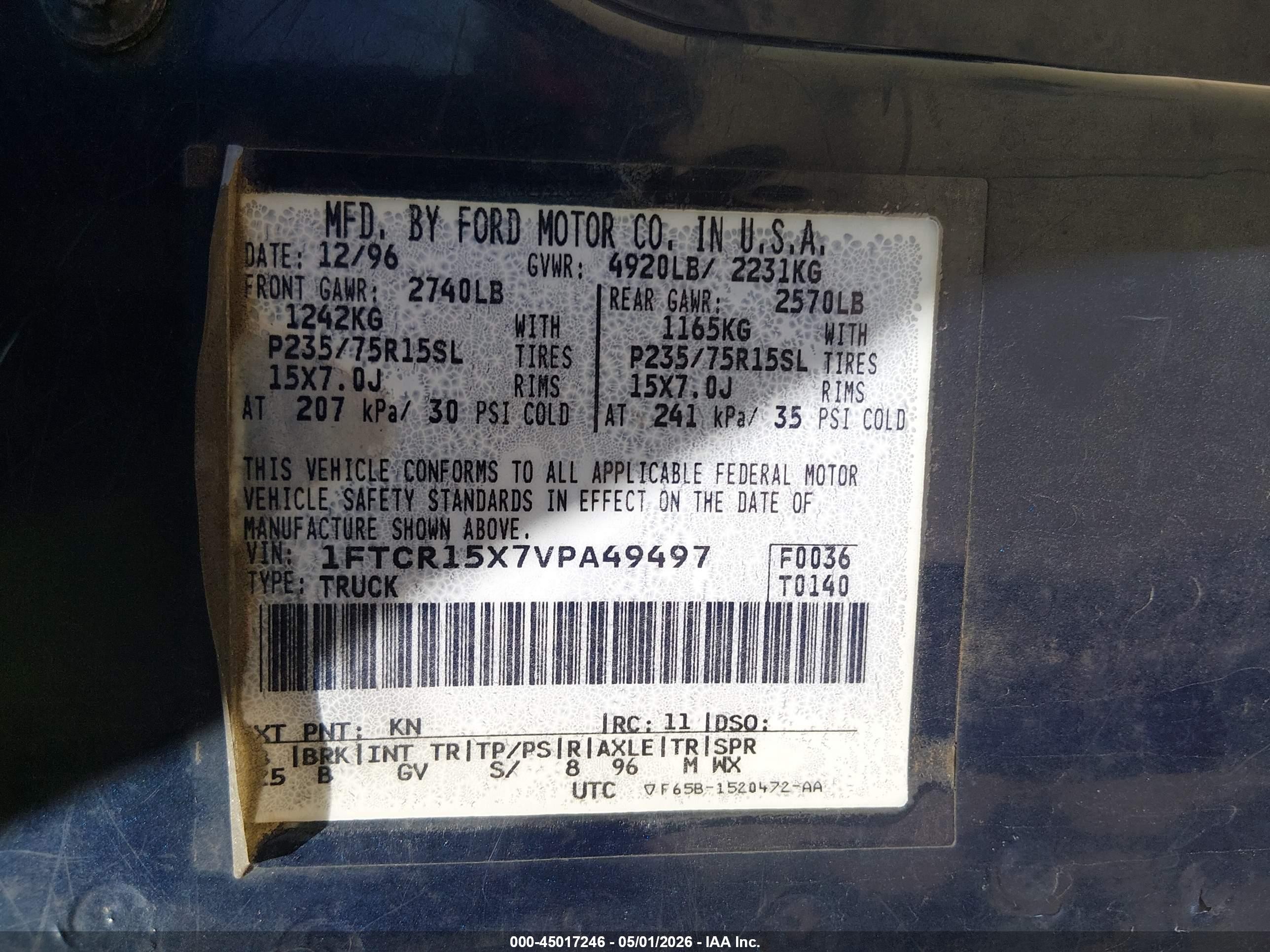 1997 Ford Ranger Splash/stx/xlt Blue vin: 1FTCR15X7VPA49497