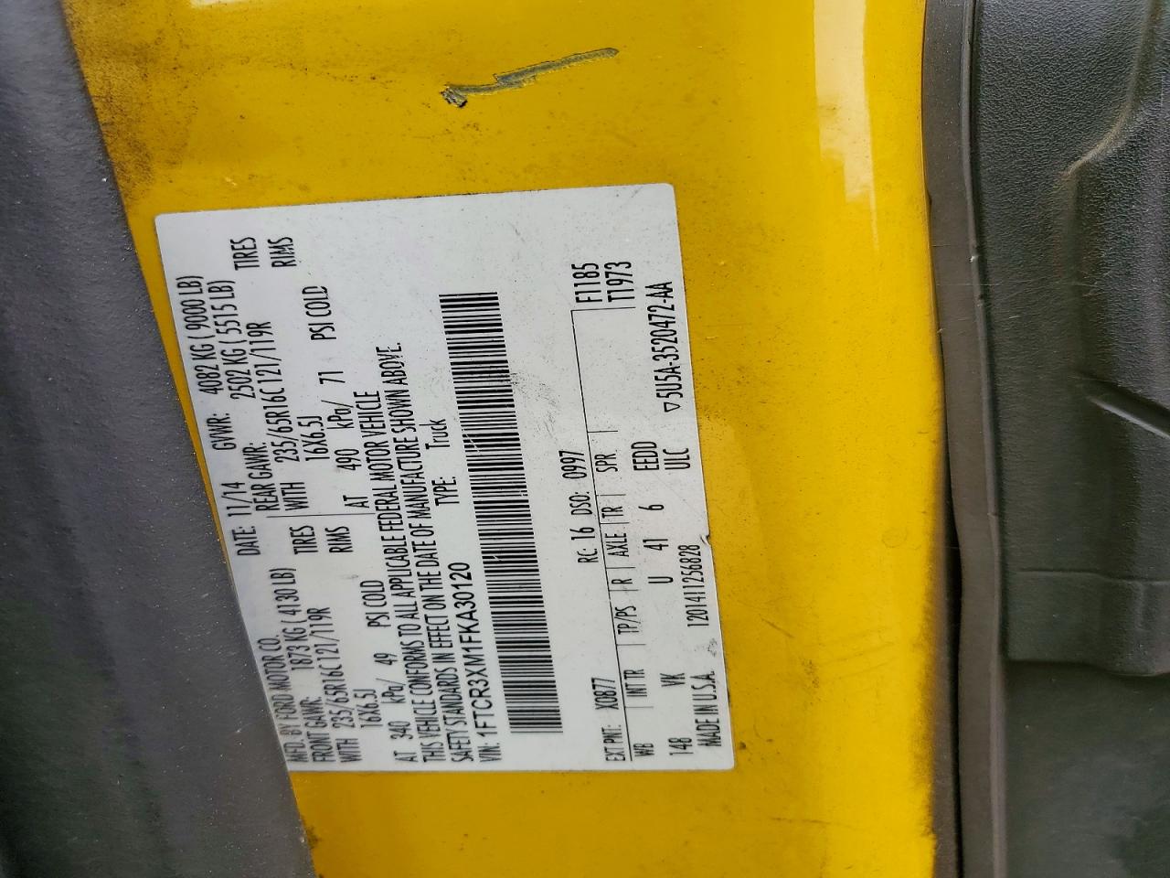 2015 Ford Transit T-250 Yellow vin: 1FTCR3XM1FKA30120