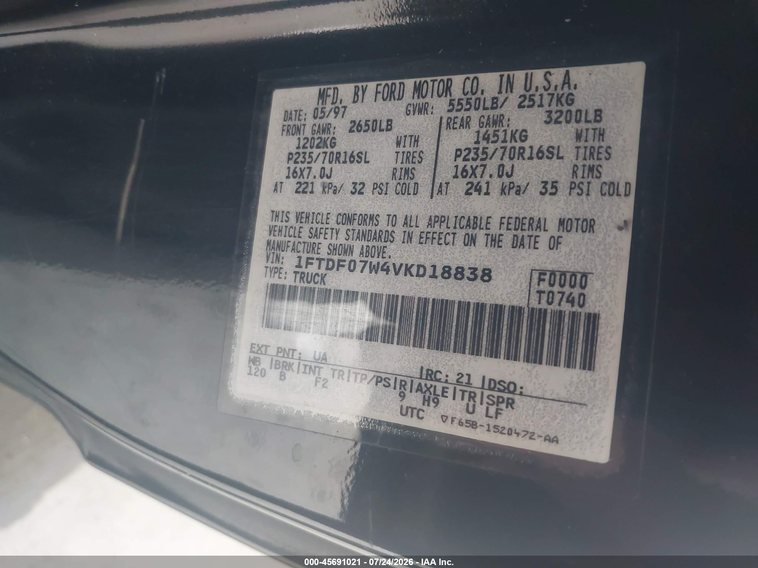 1997 Ford F-150 Lariat/xl/xlt Black vin: 1FTDF07W4VKD18838