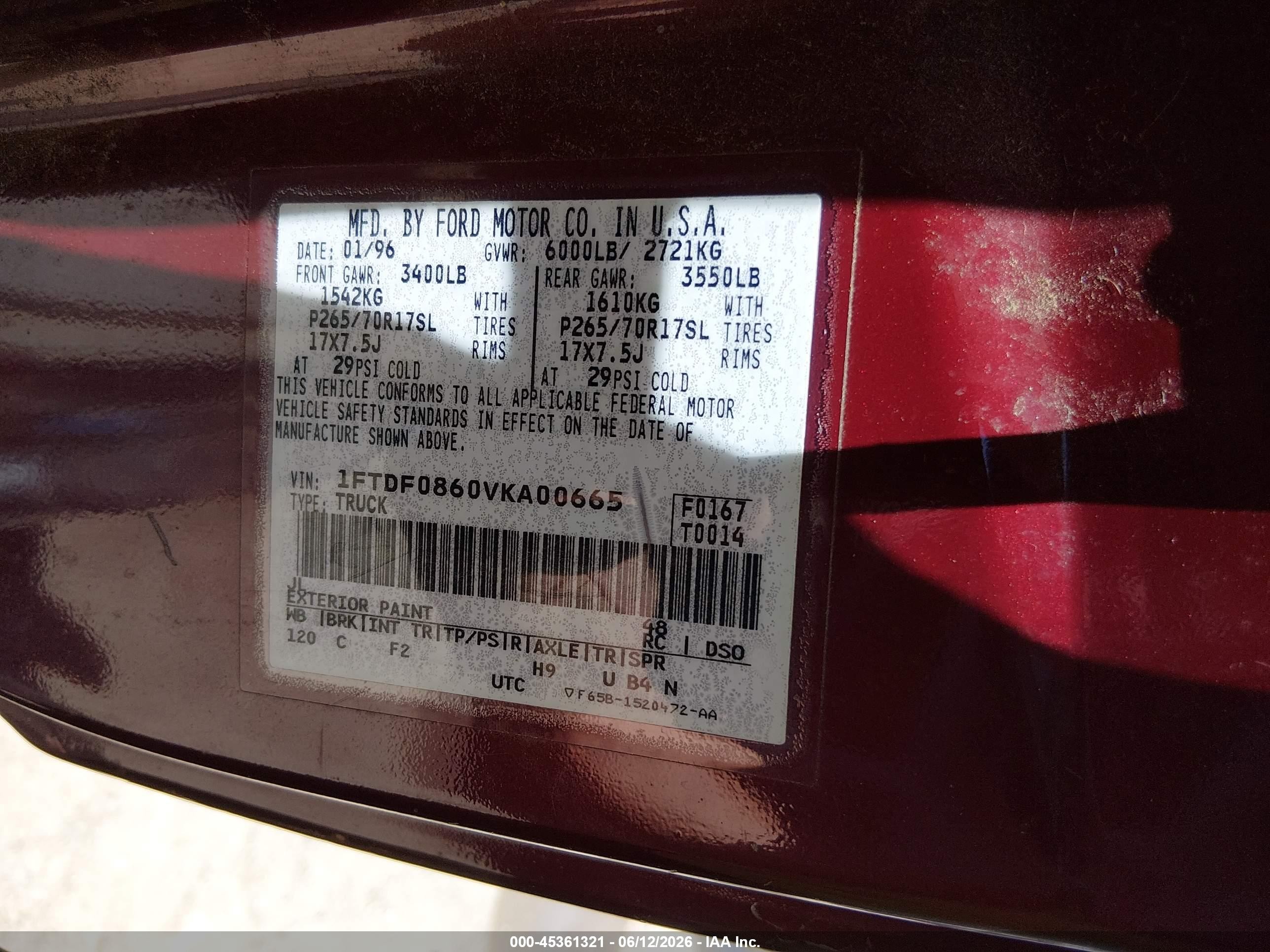 1997 Ford F-150 Lariat/xl/xlt Maroon vin: 1FTDF0860VKA00665