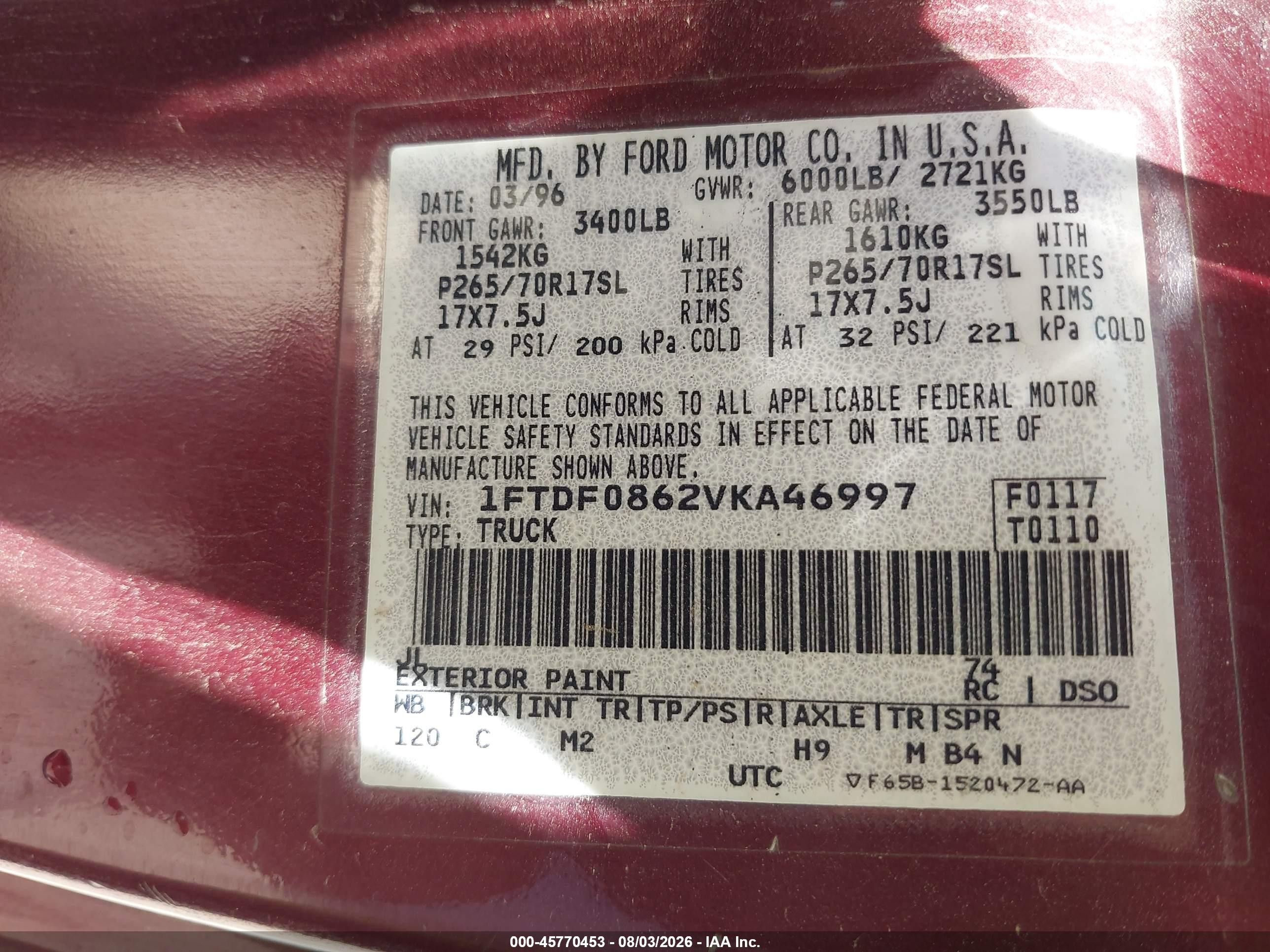 1997 Ford F-150 Lariat/xl/xlt Maroon vin: 1FTDF0862VKA46997