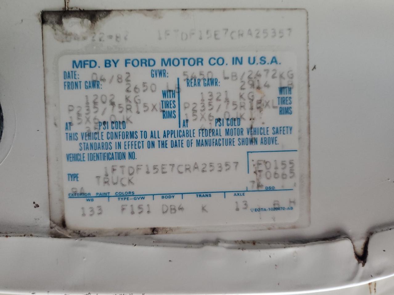 1982 Ford F150 White vin: 1FTDF15E7CRA25357