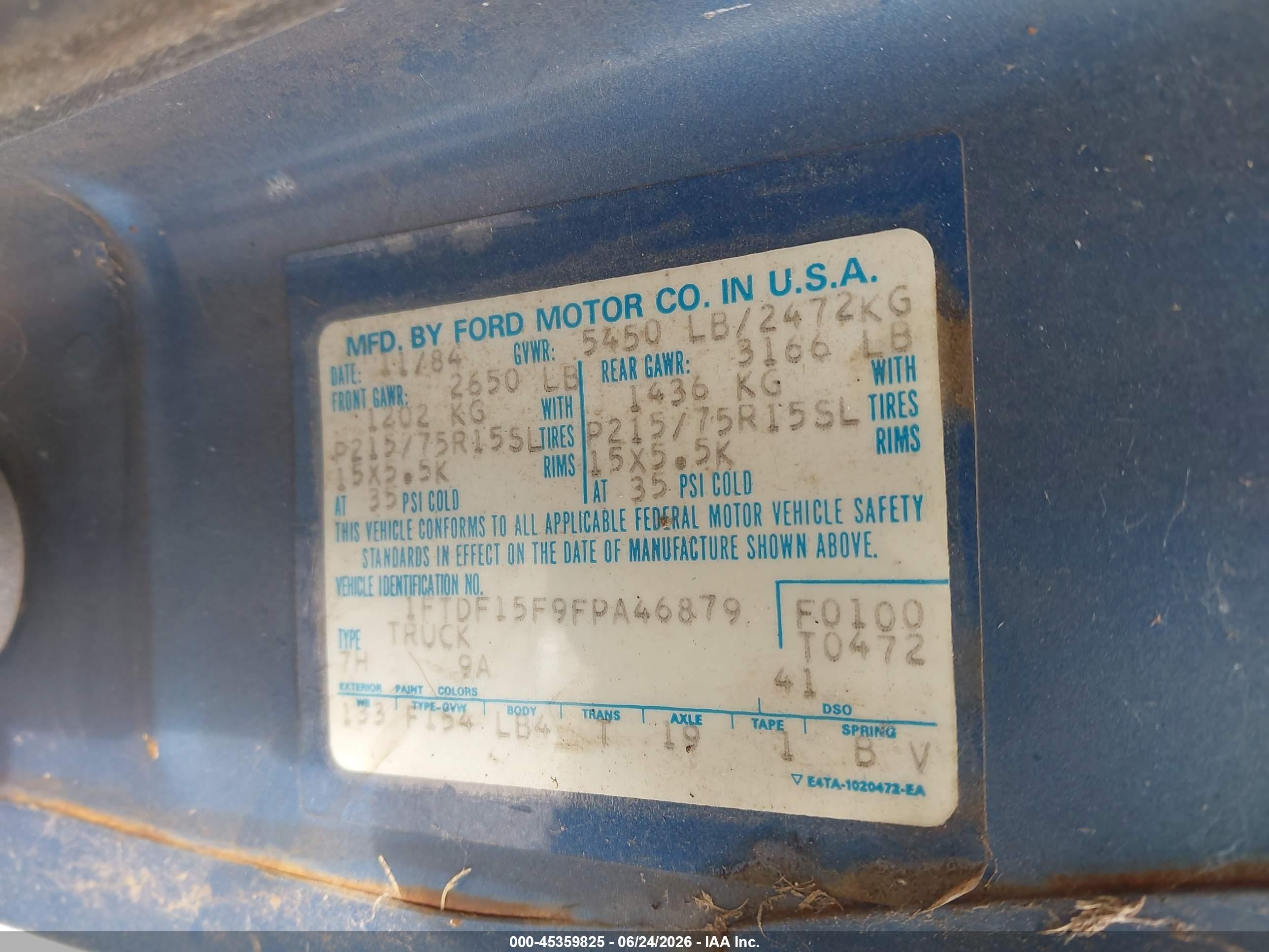 1985 Ford F150   Синий vin: 1FTDF15F9FPA46879
