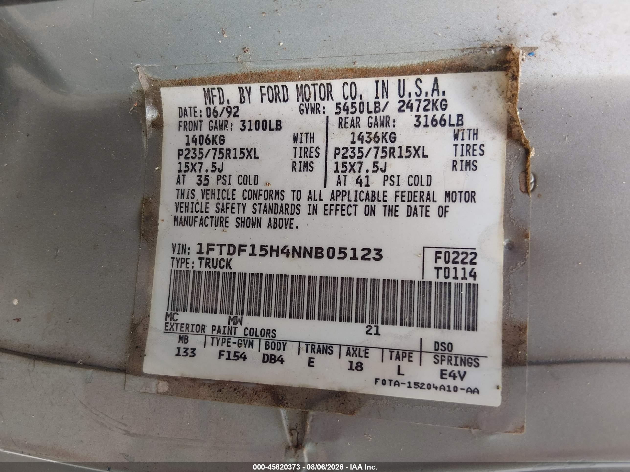 1992 Ford F150   Синий vin: 1FTDF15H4NNB05123