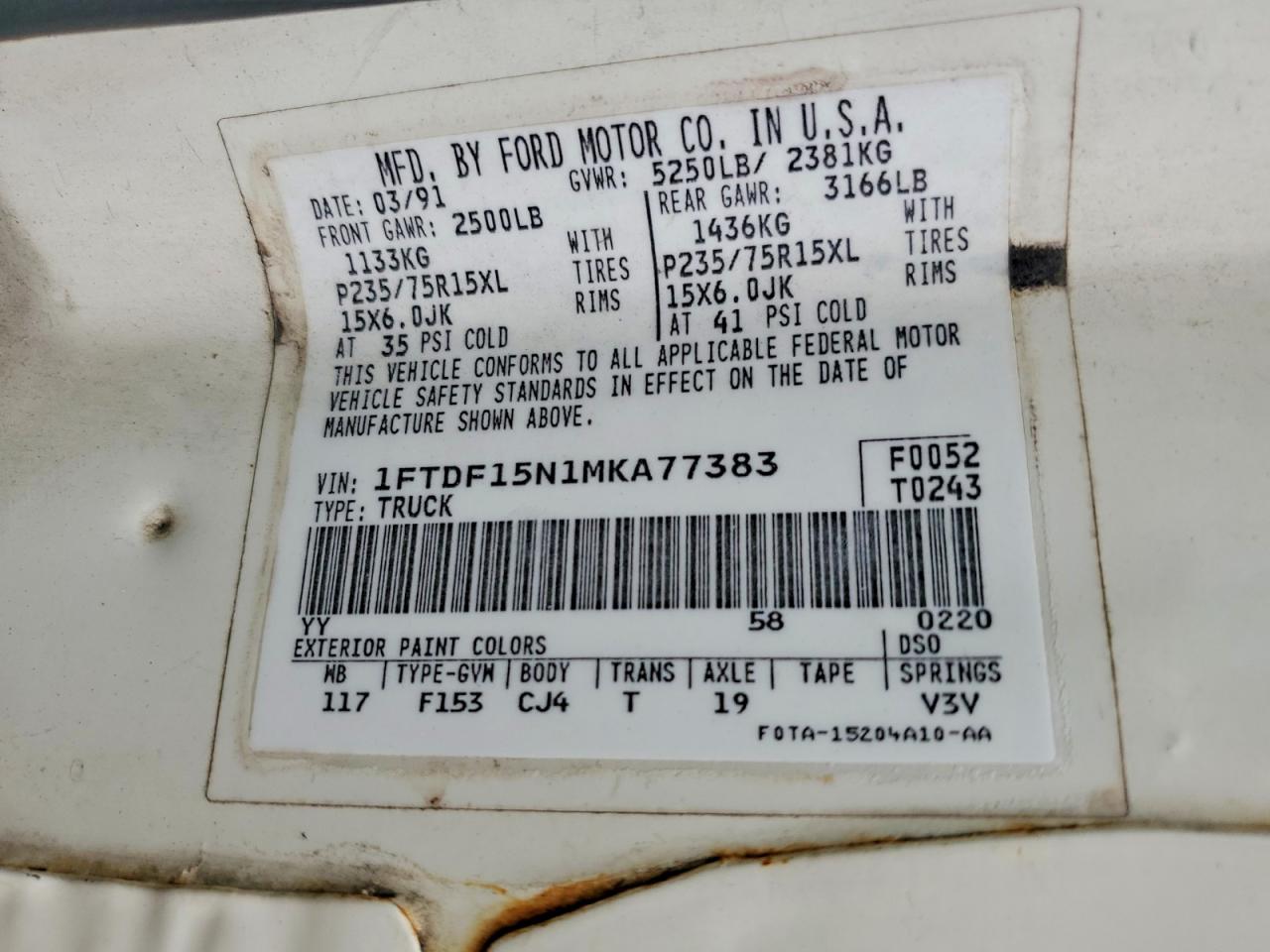 1991 Ford F150 Beige vin: 1FTDF15N1MKA77383
