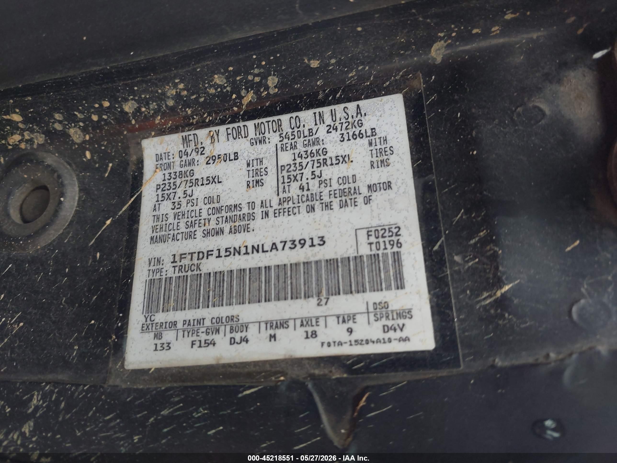 1992 Ford F150   Black vin: 1FTDF15N1NLA73913