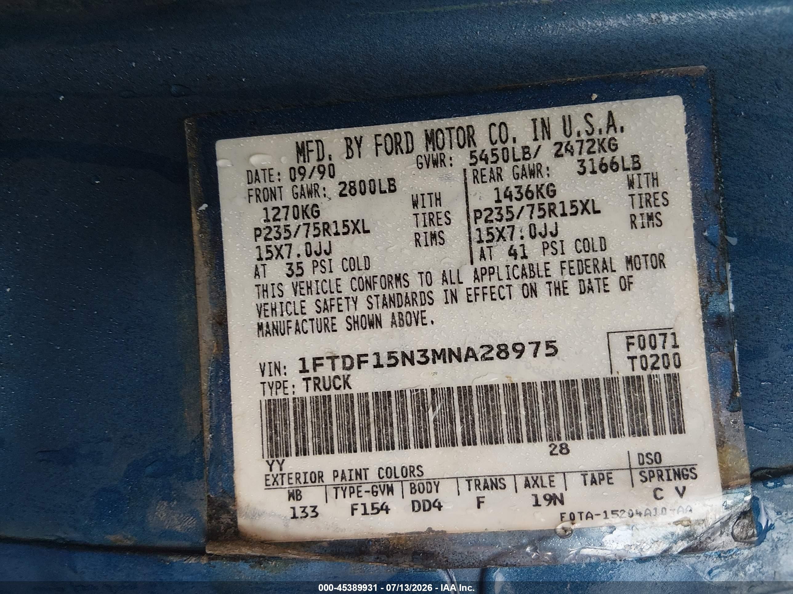 1991 Ford F150   Синий vin: 1FTDF15N3MNA28975