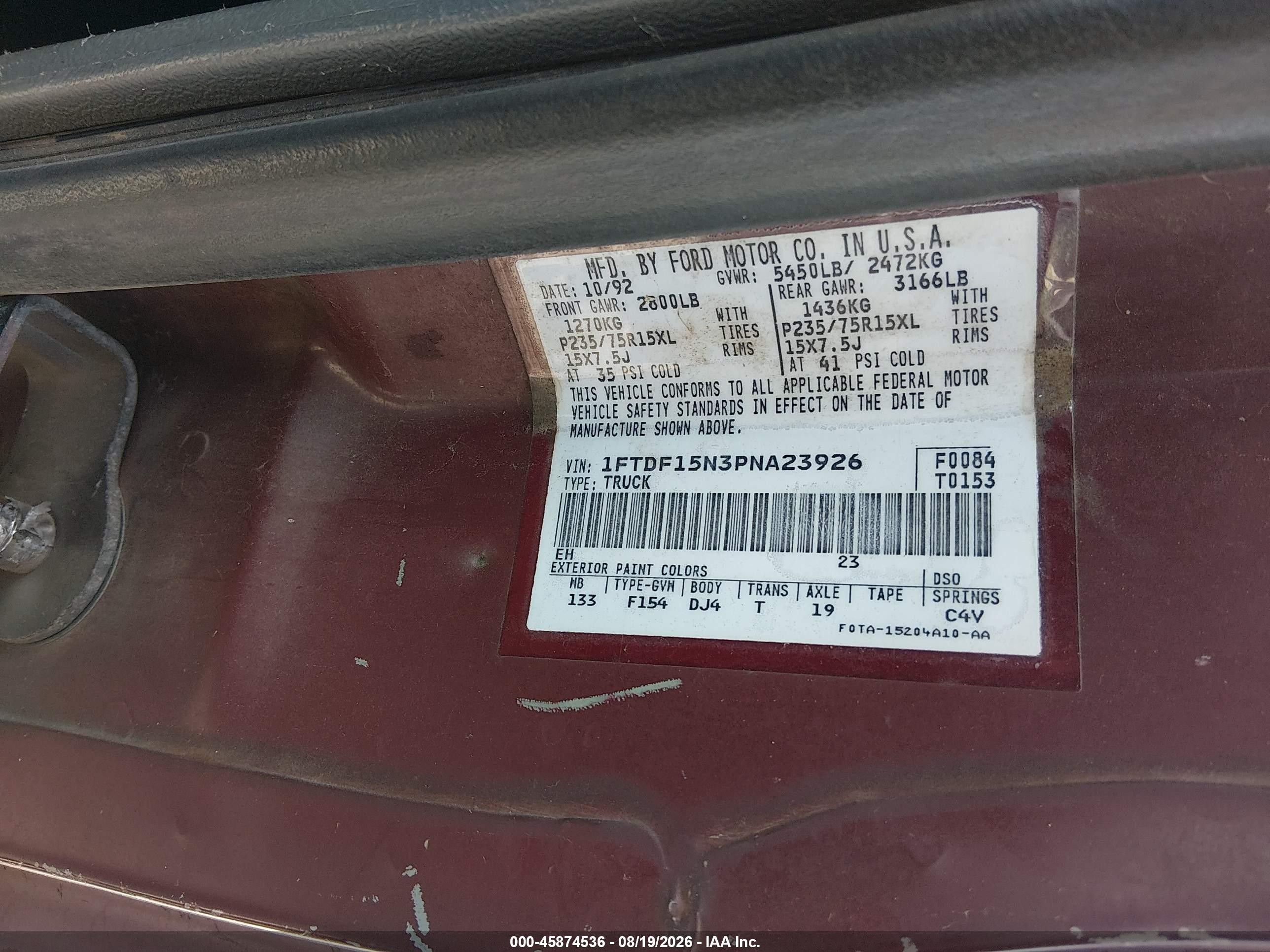 1993 Ford F150   Red vin: 1FTDF15N3PNA23926