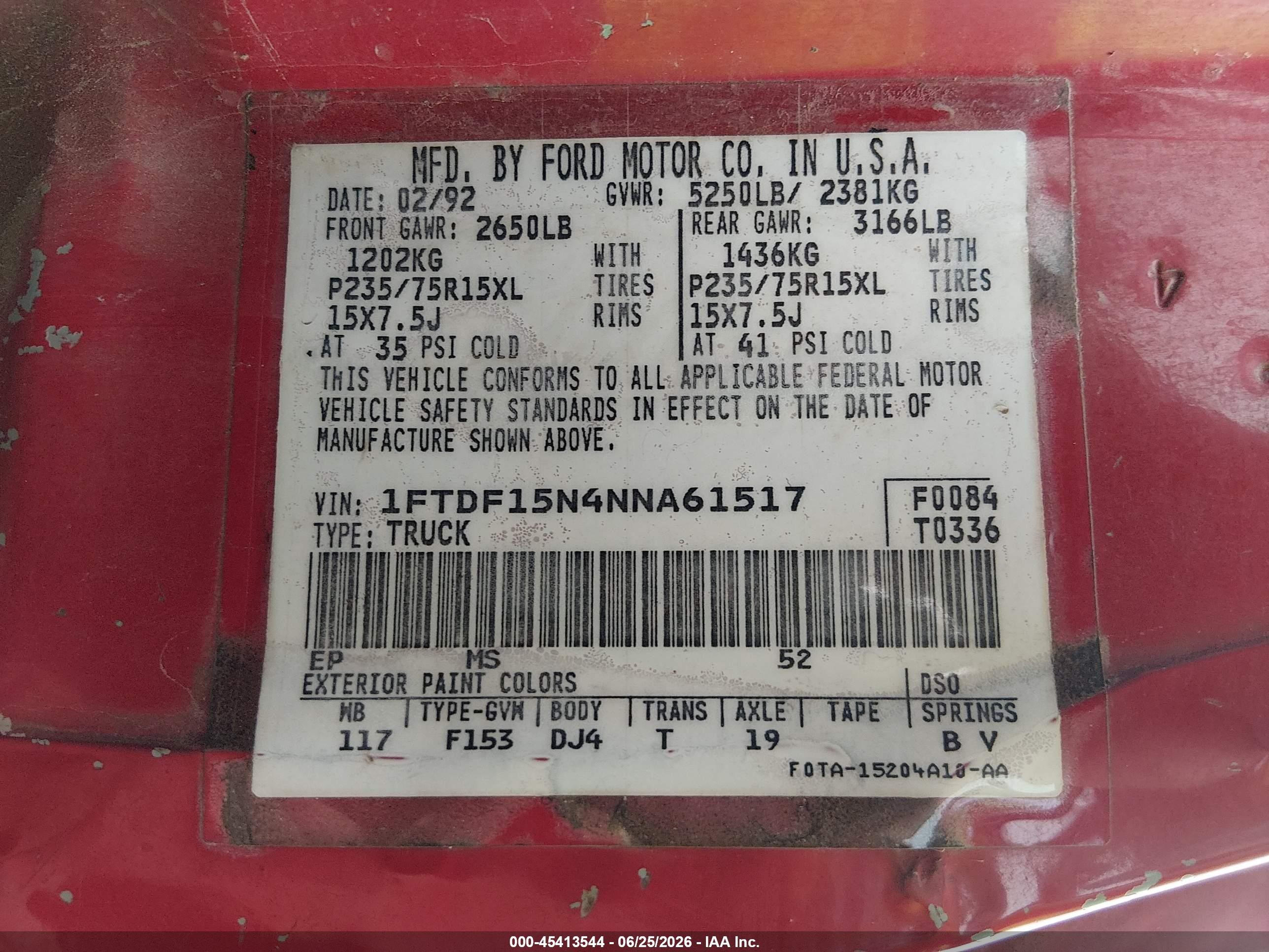 1992 Ford F150   Red vin: 1FTDF15N4NNA61517