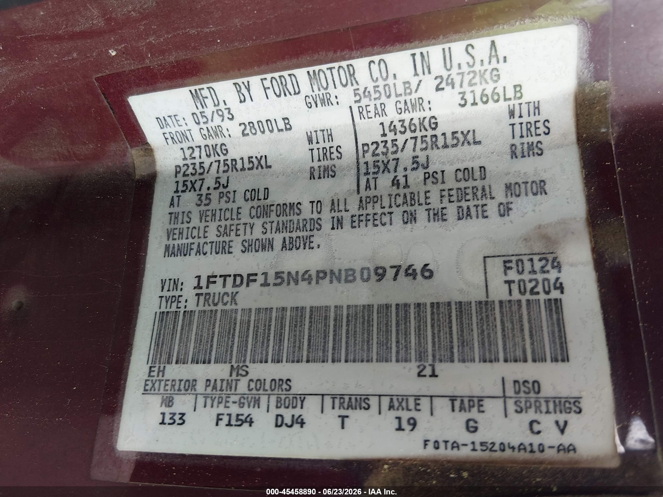 1993 Ford F150   Burgundy vin: 1FTDF15N4PNB09746