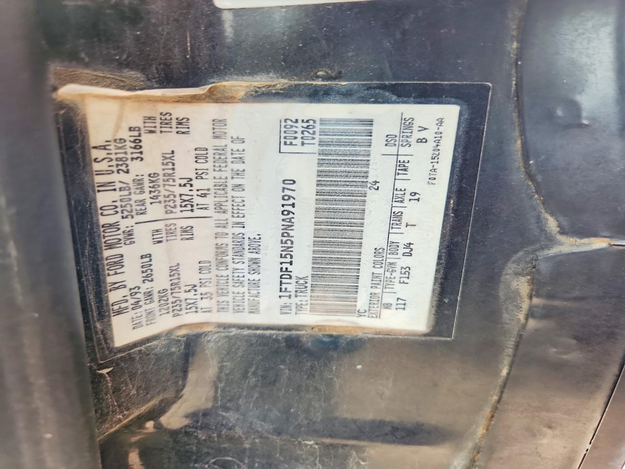 1993 Ford F150 Black vin: 1FTDF15N5PNA91970