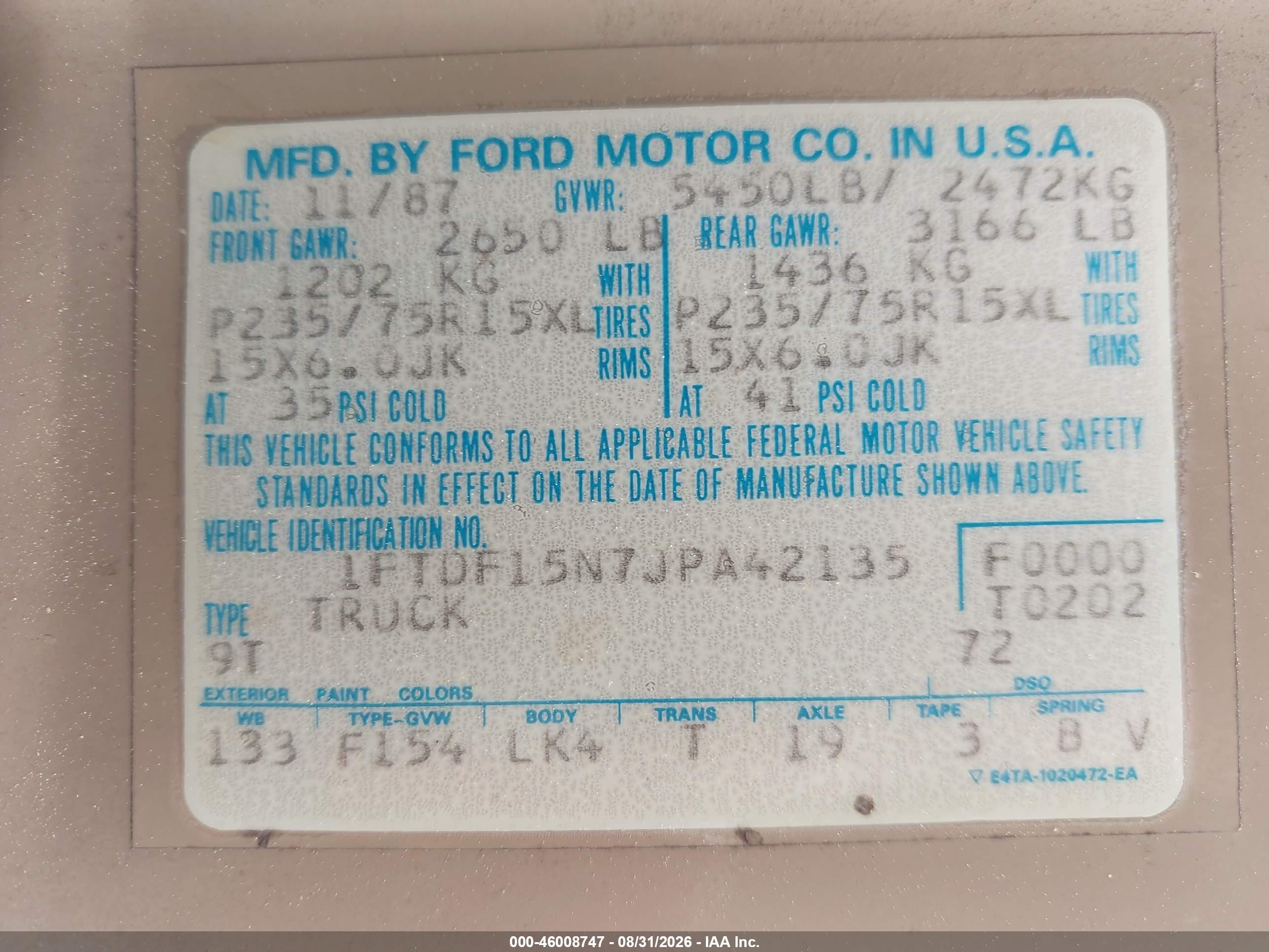 1988 Ford F150   Tan vin: 1FTDF15N7JPA42135
