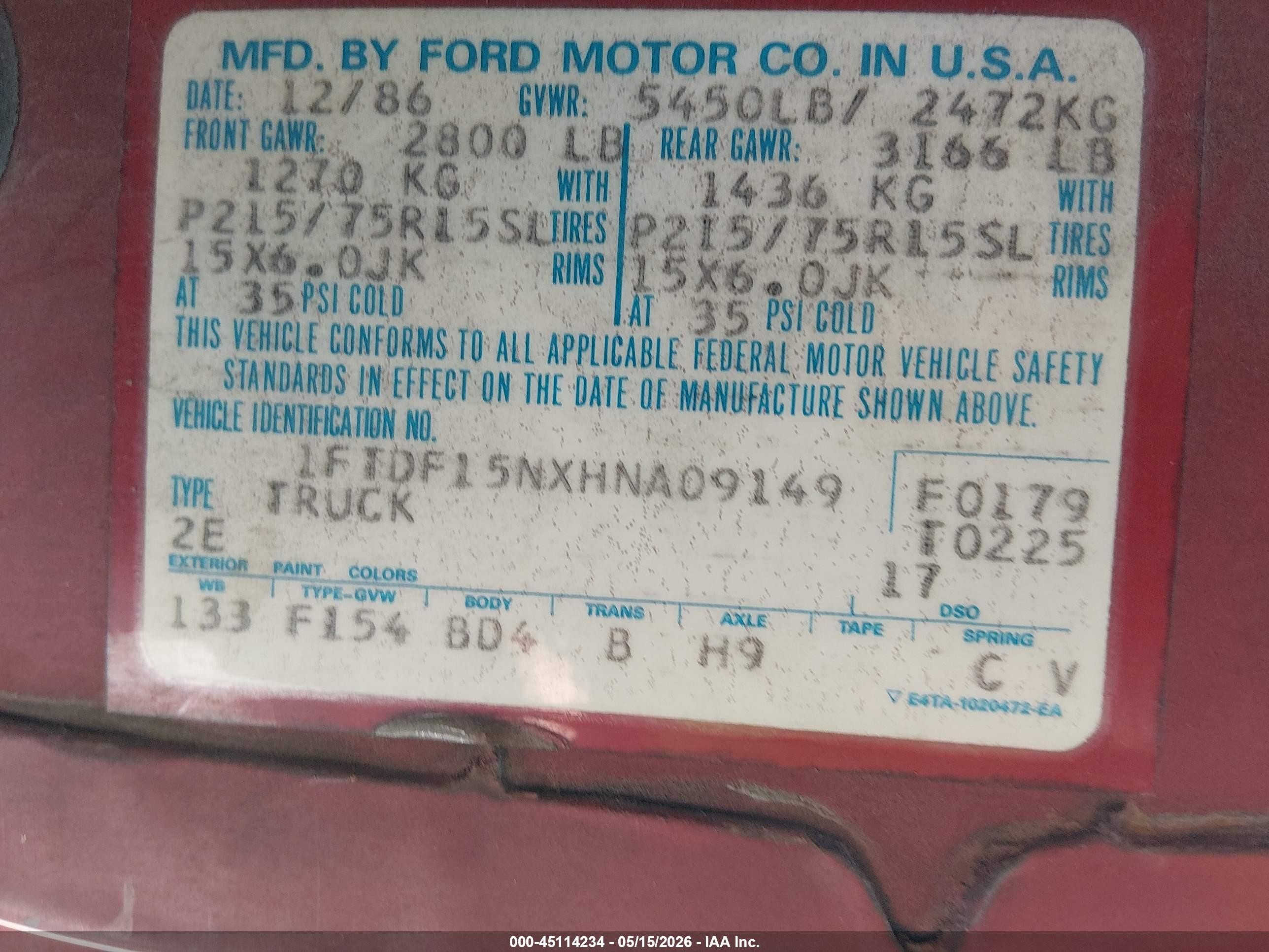 1987 Ford F150   Red vin: 1FTDF15NXHNA09149