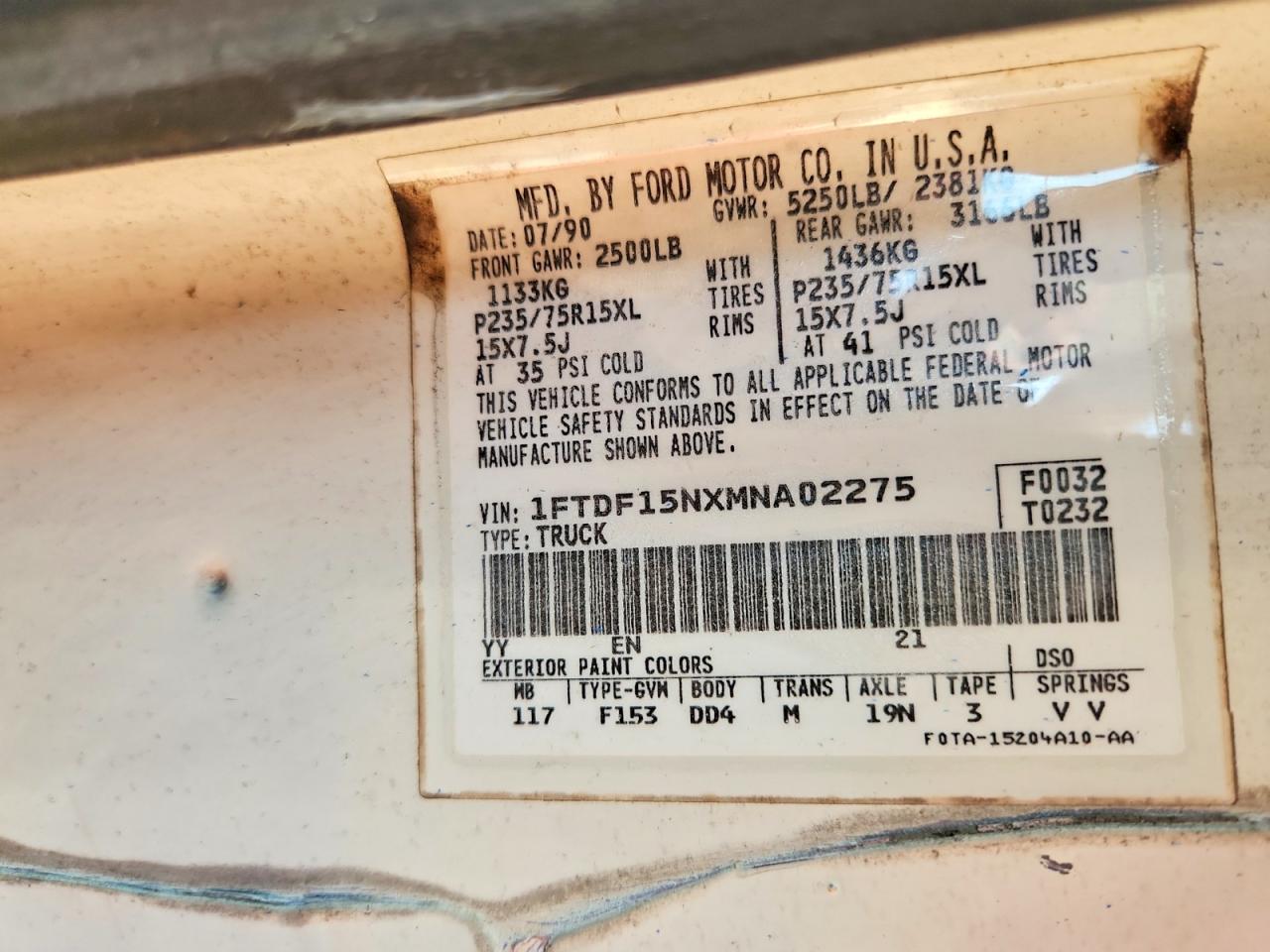 1991 Ford F150 White vin: 1FTDF15NXMNA02275