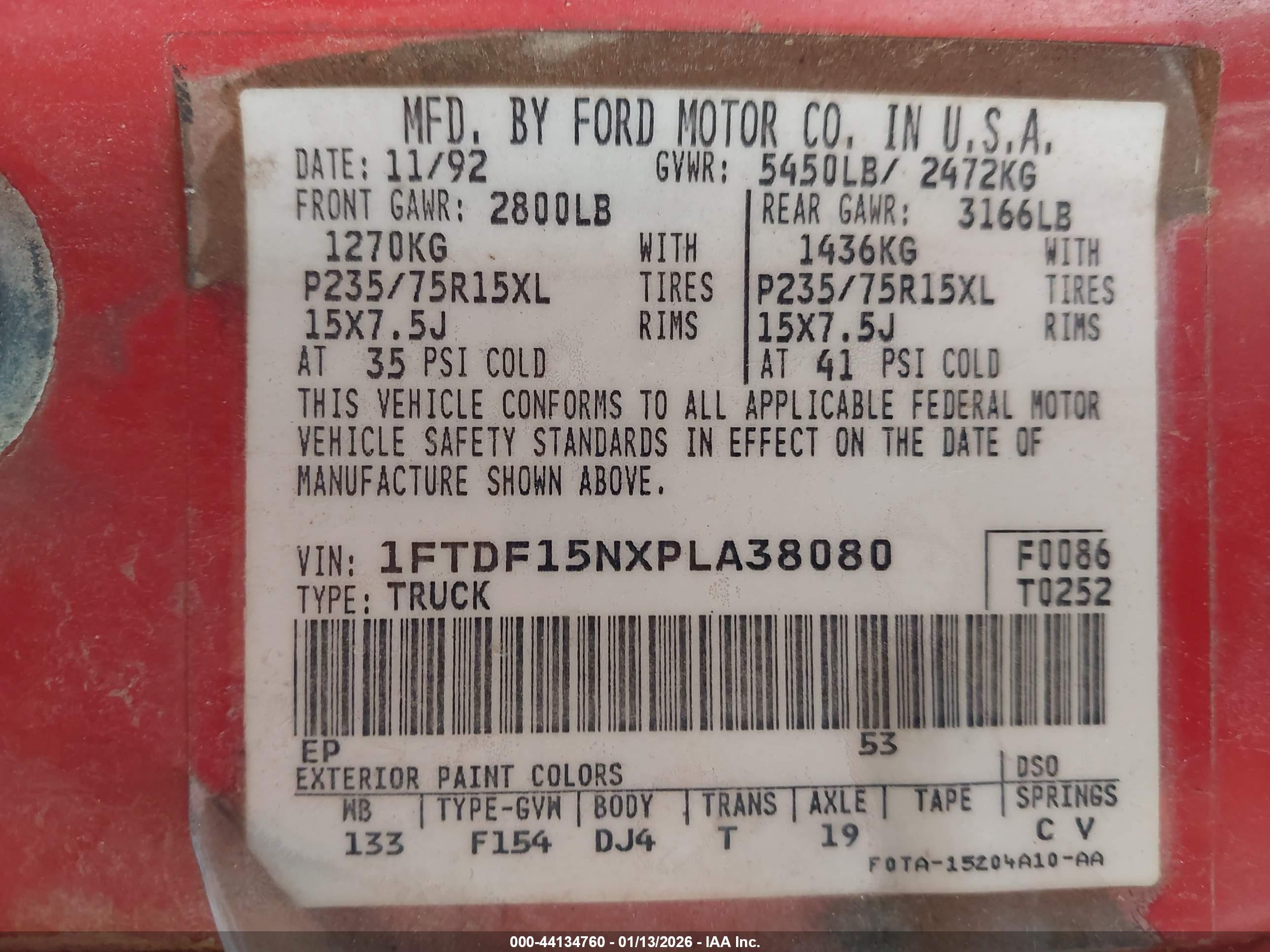 1993 Ford F150   Red vin: 1FTDF15NXPLA38080