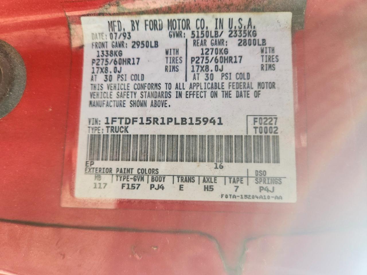 1993 Ford F150 Red vin: 1FTDF15R1PLB15941
