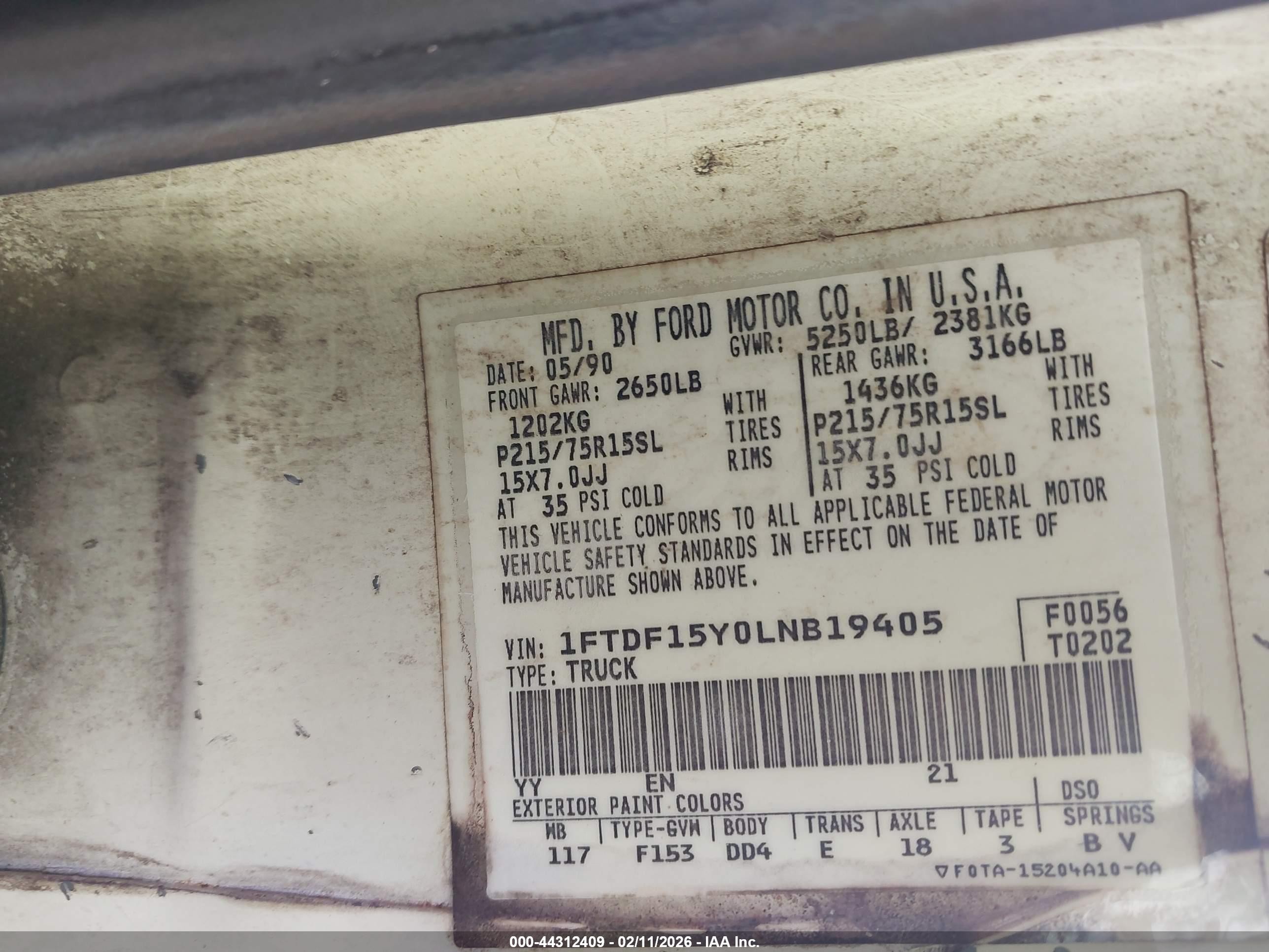 1990 Ford F150   White vin: 1FTDF15Y0LNB19405