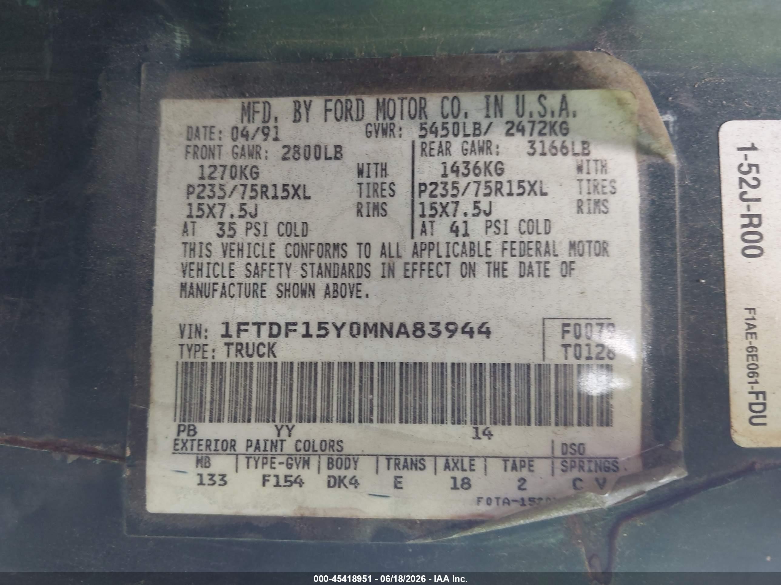 1991 Ford F150   Green vin: 1FTDF15Y0MNA83944