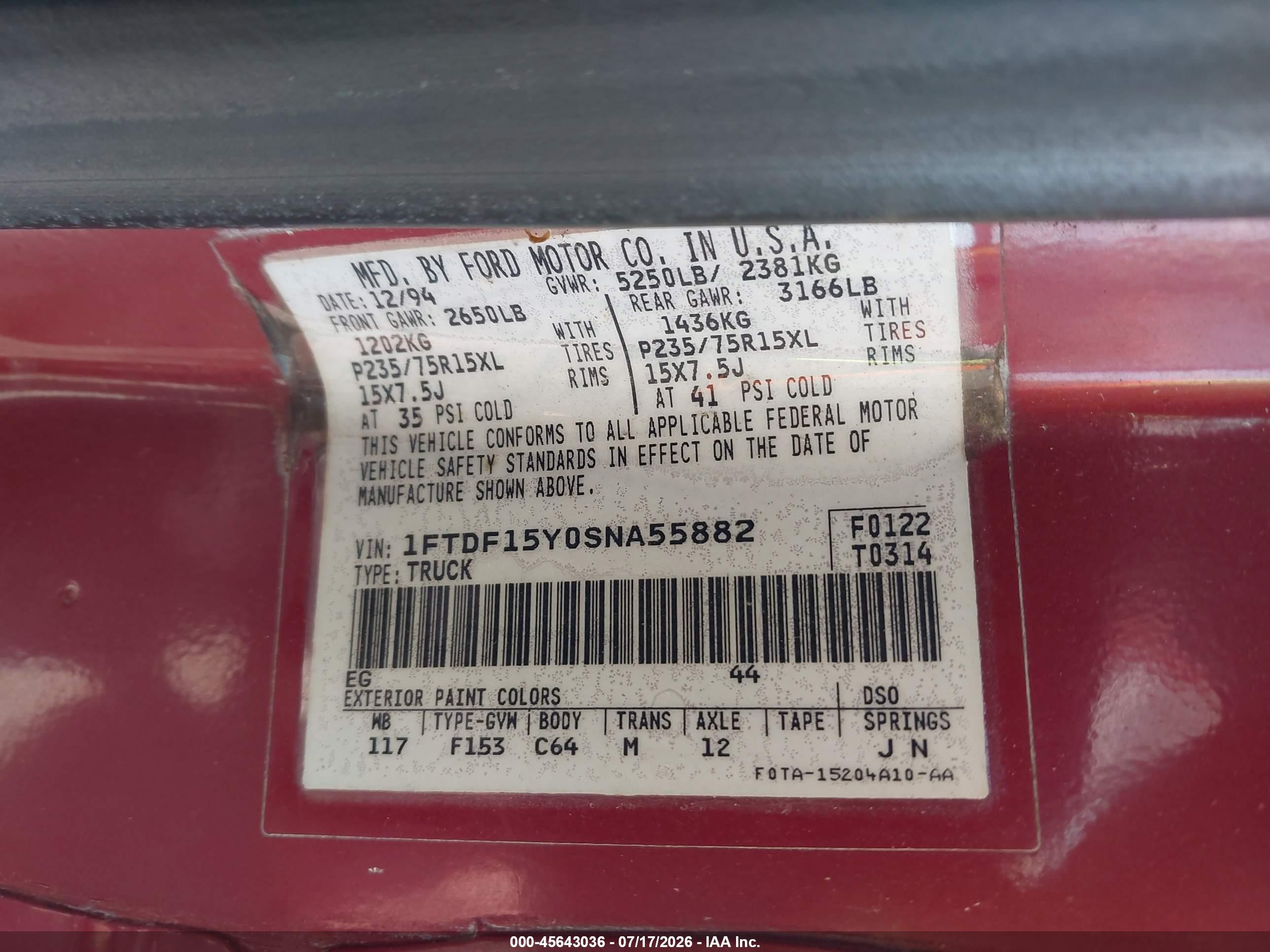 1995 Ford F150   Red vin: 1FTDF15Y0SNA55882