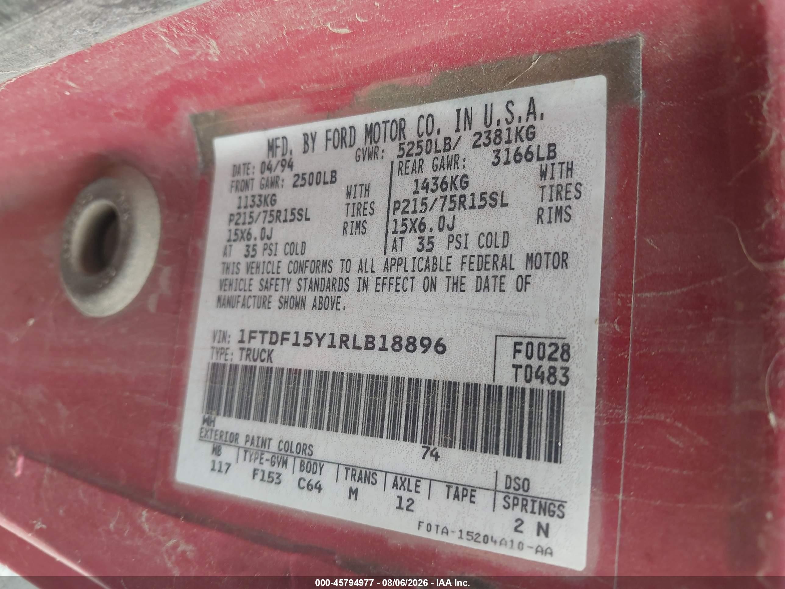1994 Ford F150   Red vin: 1FTDF15Y1RLB18896