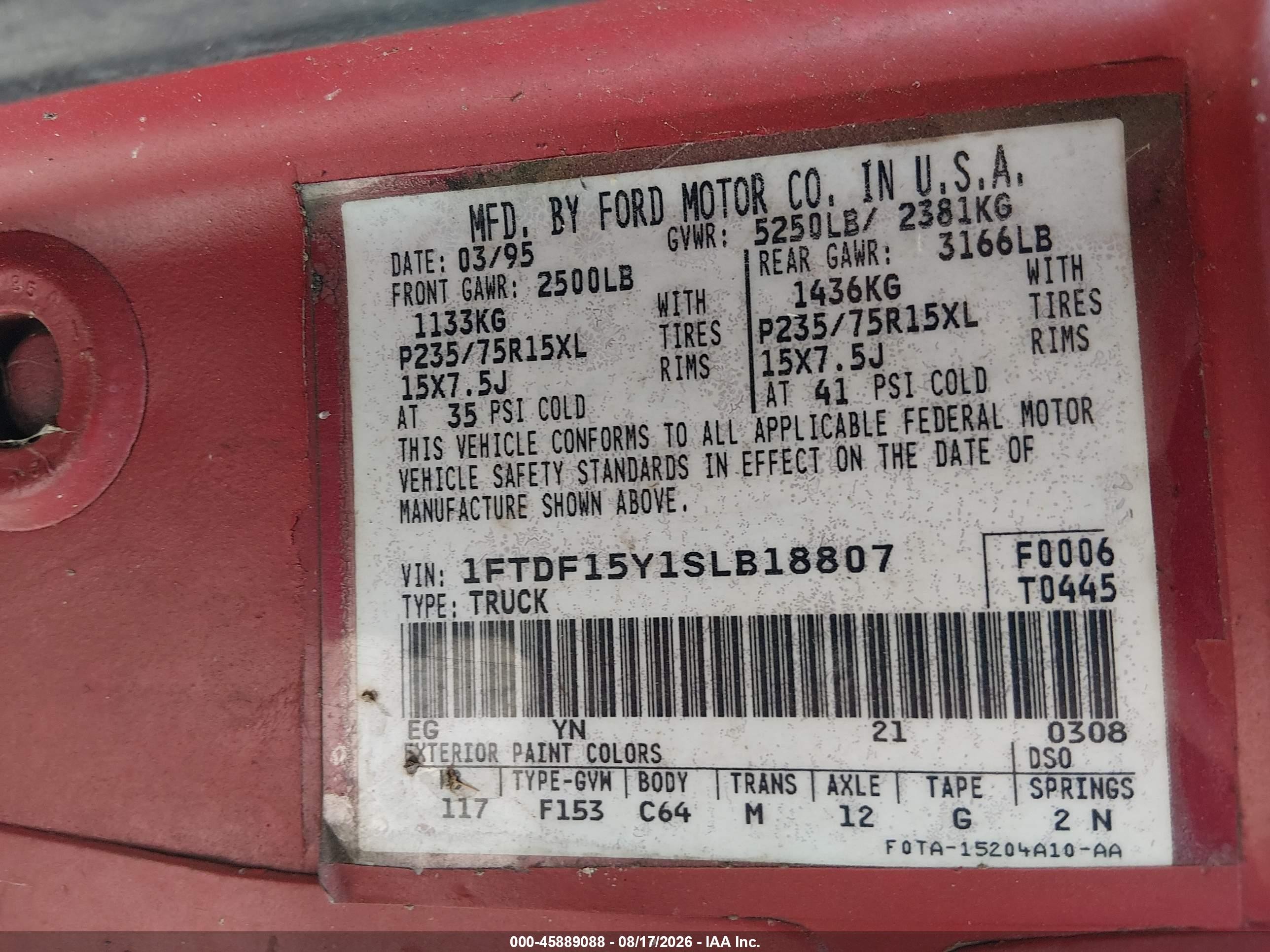 1995 Ford F150   Red vin: 1FTDF15Y1SLB18807