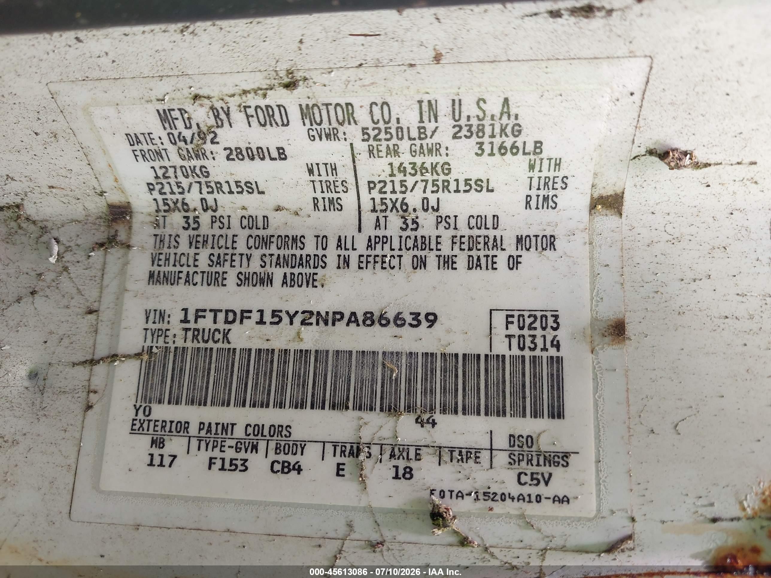 1992 Ford F150   White vin: 1FTDF15Y2NPA86639