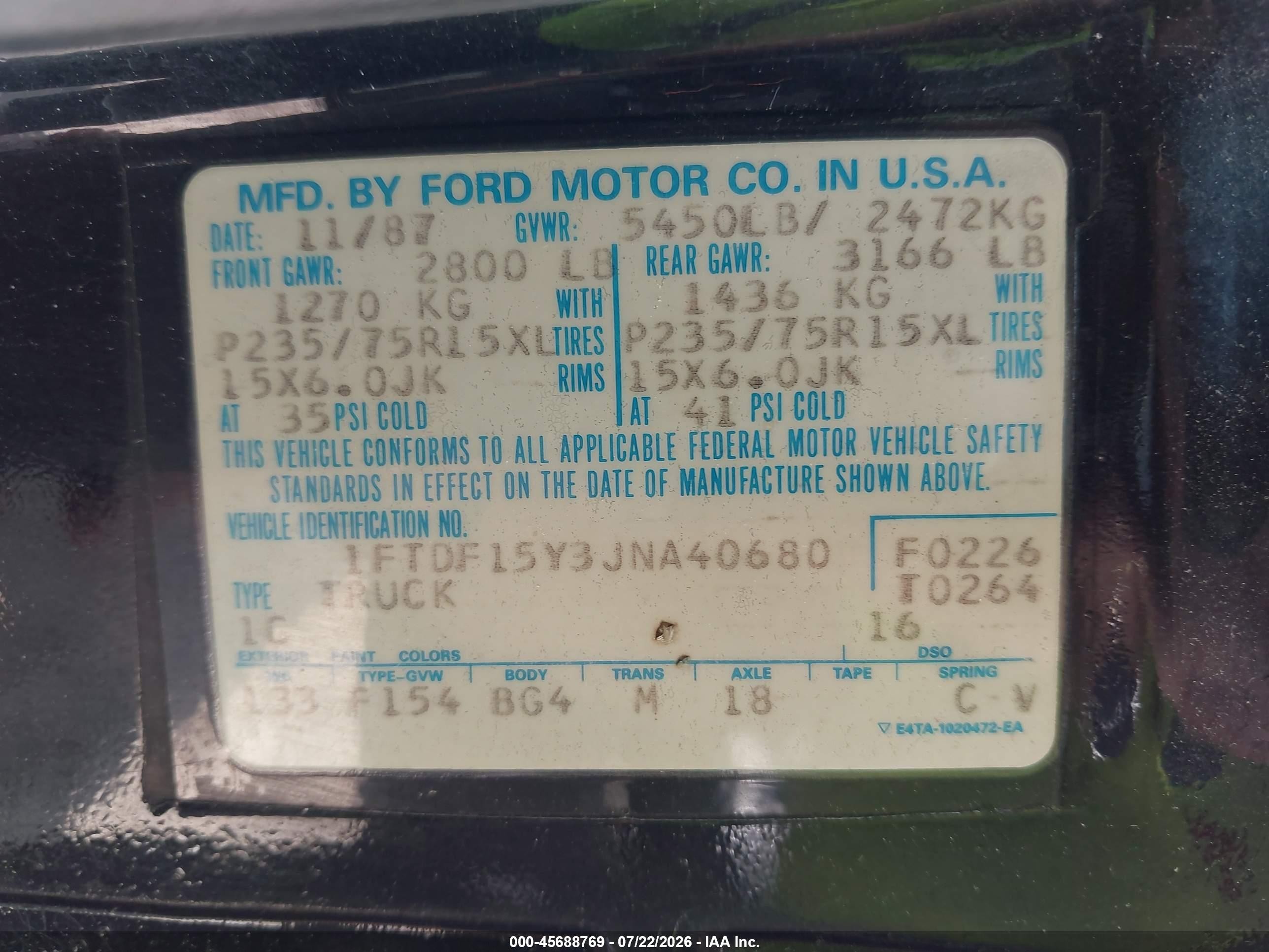 1988 Ford F150   Black vin: 1FTDF15Y3JNA40680