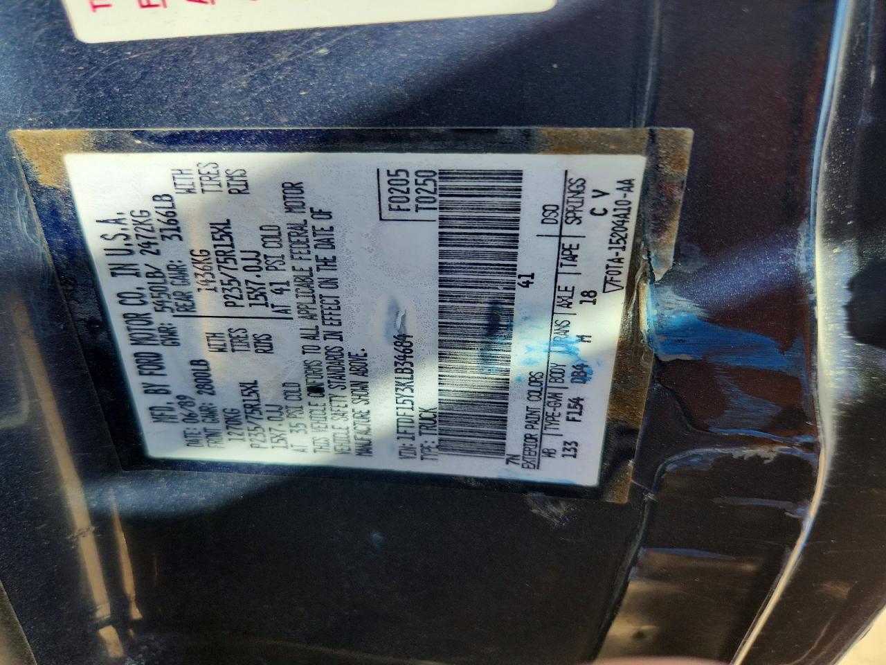 1989 Ford F150 Blue vin: 1FTDF15Y3KLB34684