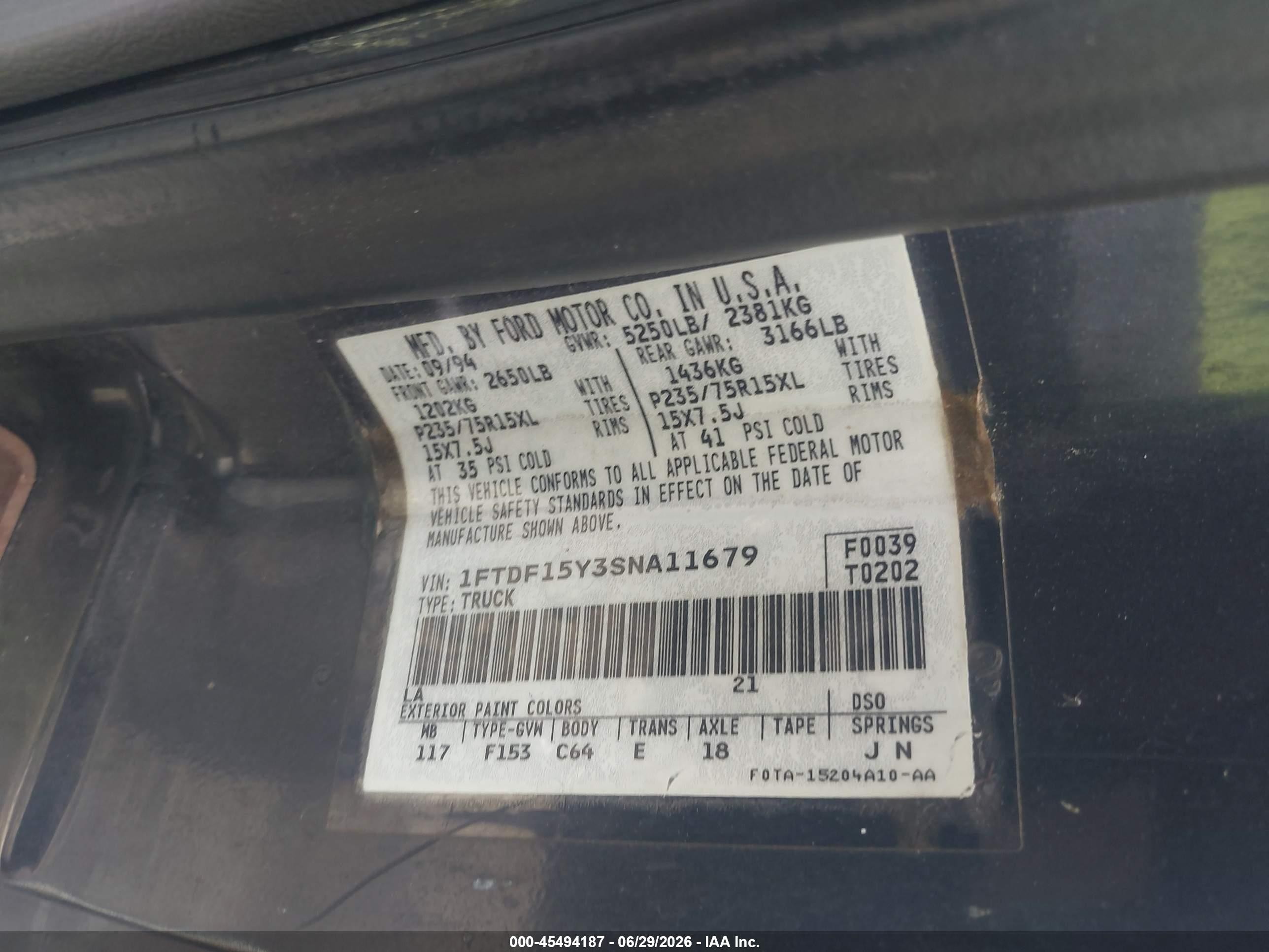 1995 Ford F150   Blue vin: 1FTDF15Y3SNA11679