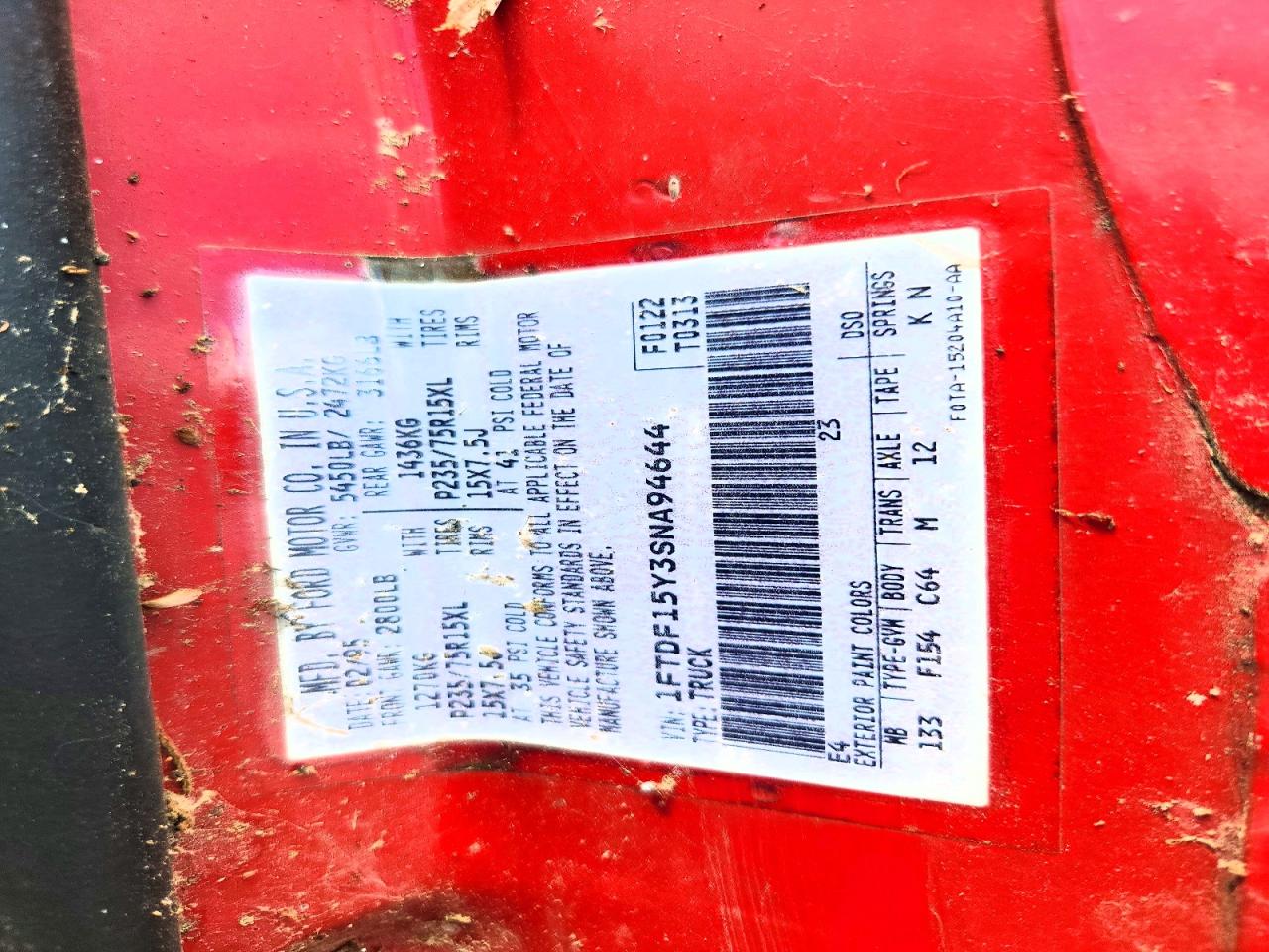 1995 Ford F150 Red vin: 1FTDF15Y3SNA94644