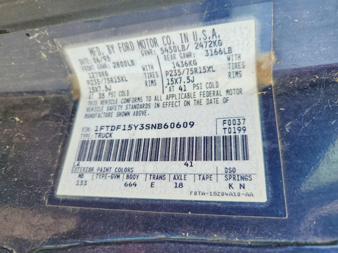 1995 Ford F150 Blue vin: 1FTDF15Y3SNB60609