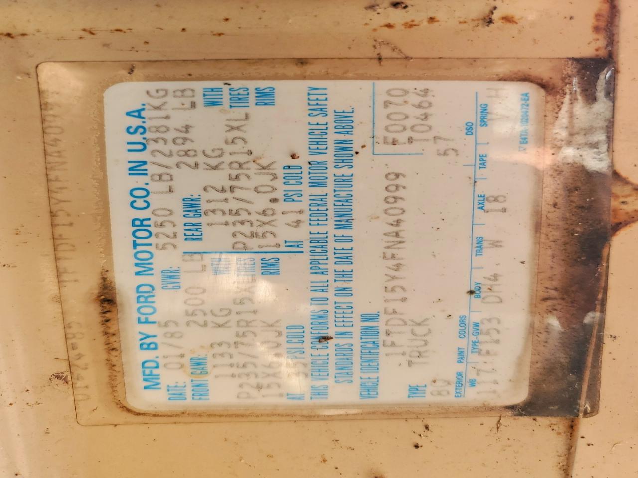 1985 Ford F150 White vin: 1FTDF15Y4FNA40999