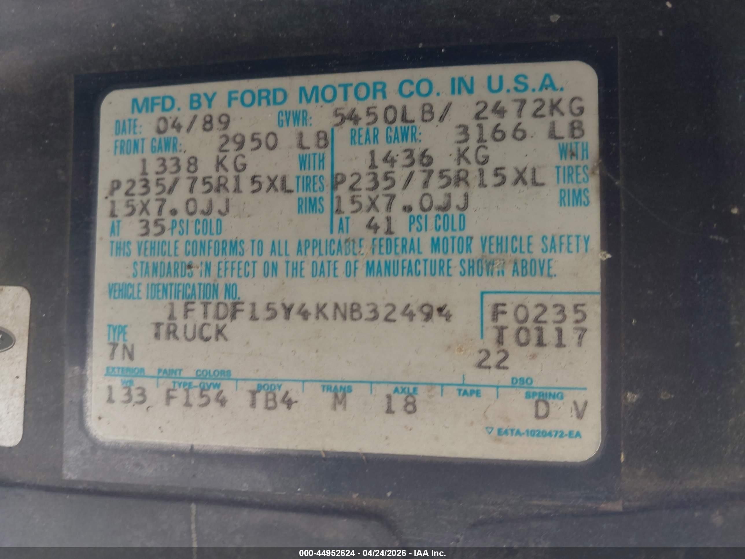1989 Ford F150   Blue vin: 1FTDF15Y4KNB32494