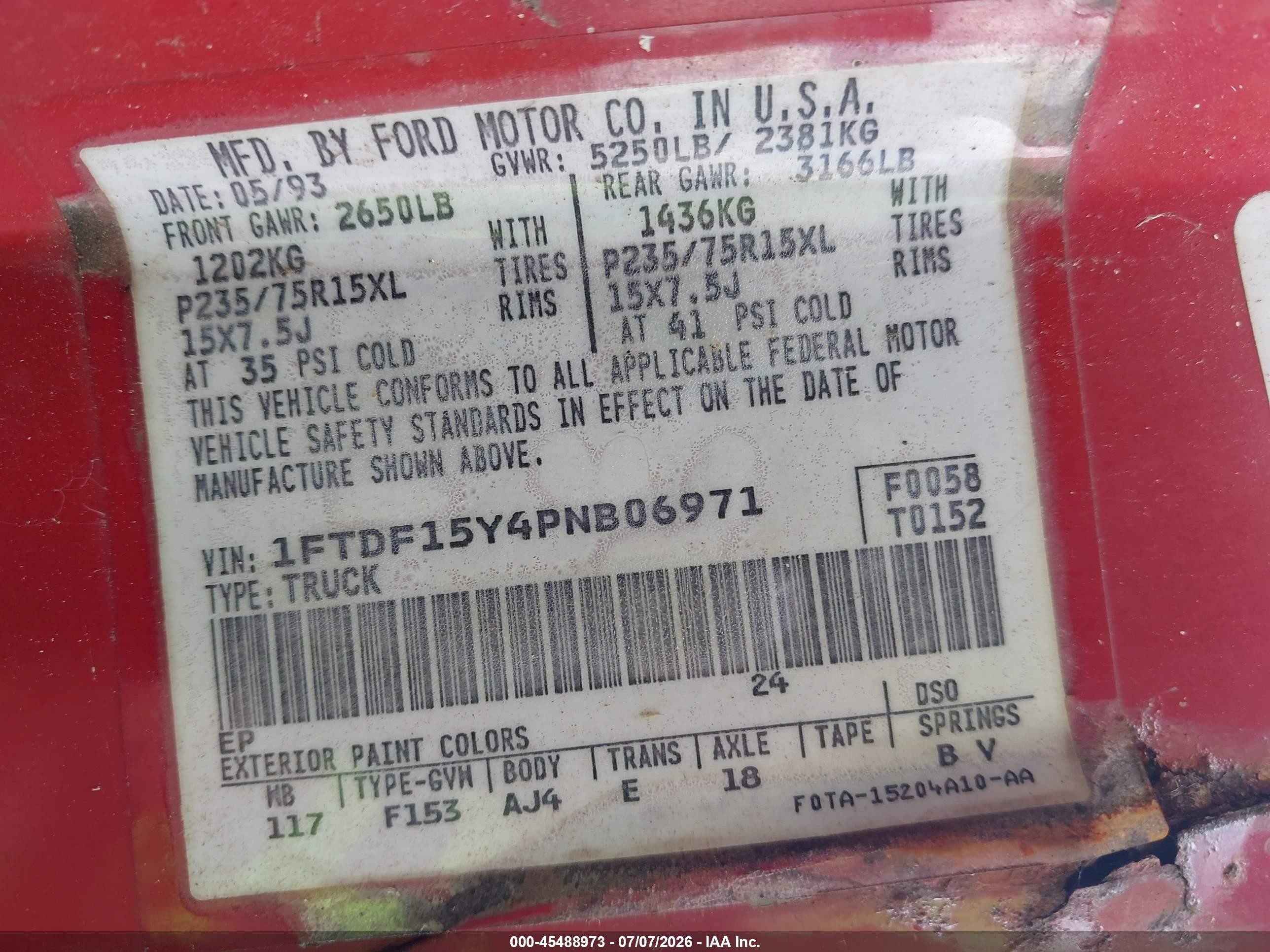 1993 Ford F150   Red vin: 1FTDF15Y4PNB06971