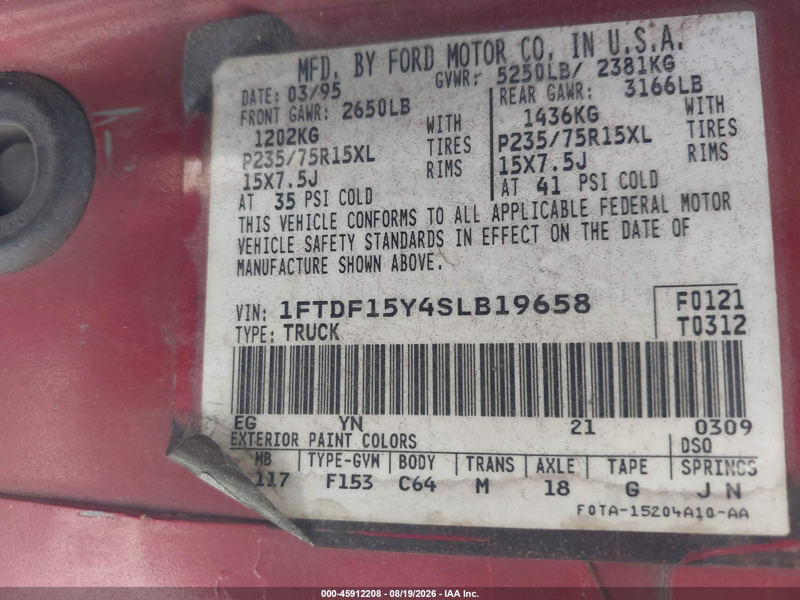 1995 Ford F150   Red vin: 1FTDF15Y4SLB19658