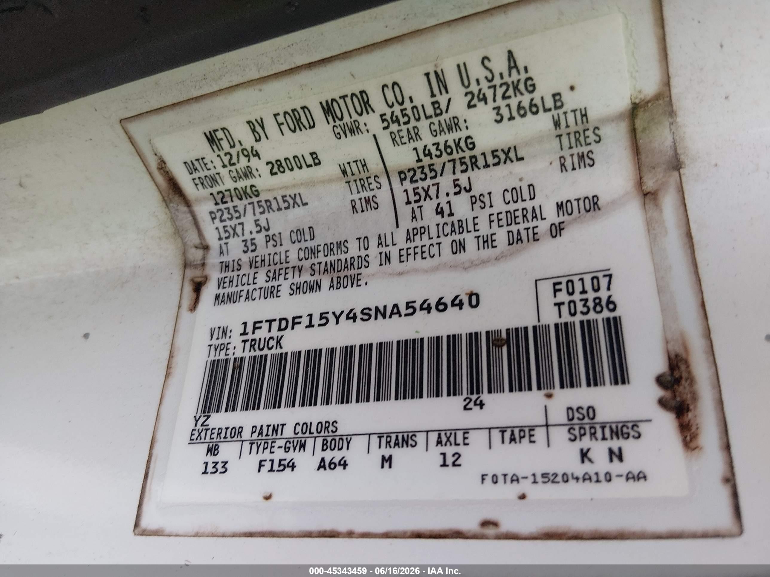 1995 Ford F150   White vin: 1FTDF15Y4SNA54640