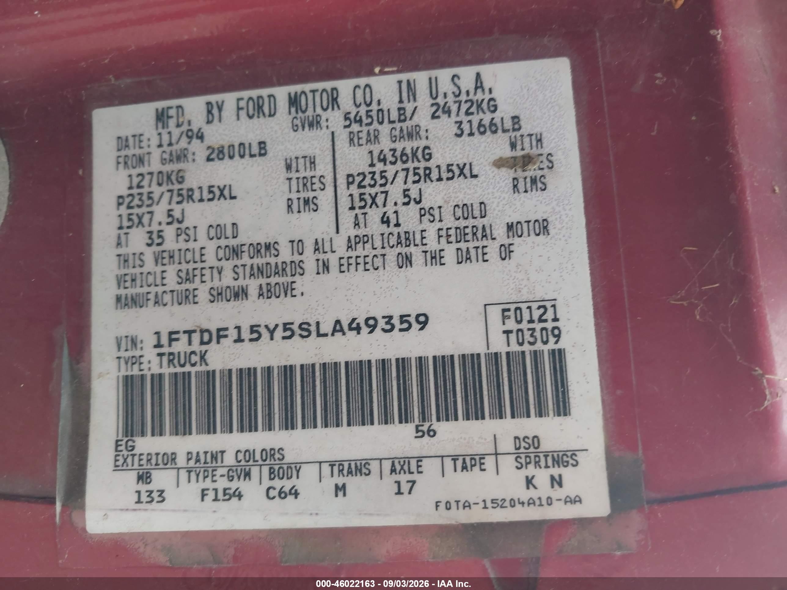 1995 Ford F150   Red vin: 1FTDF15Y5SLA49359