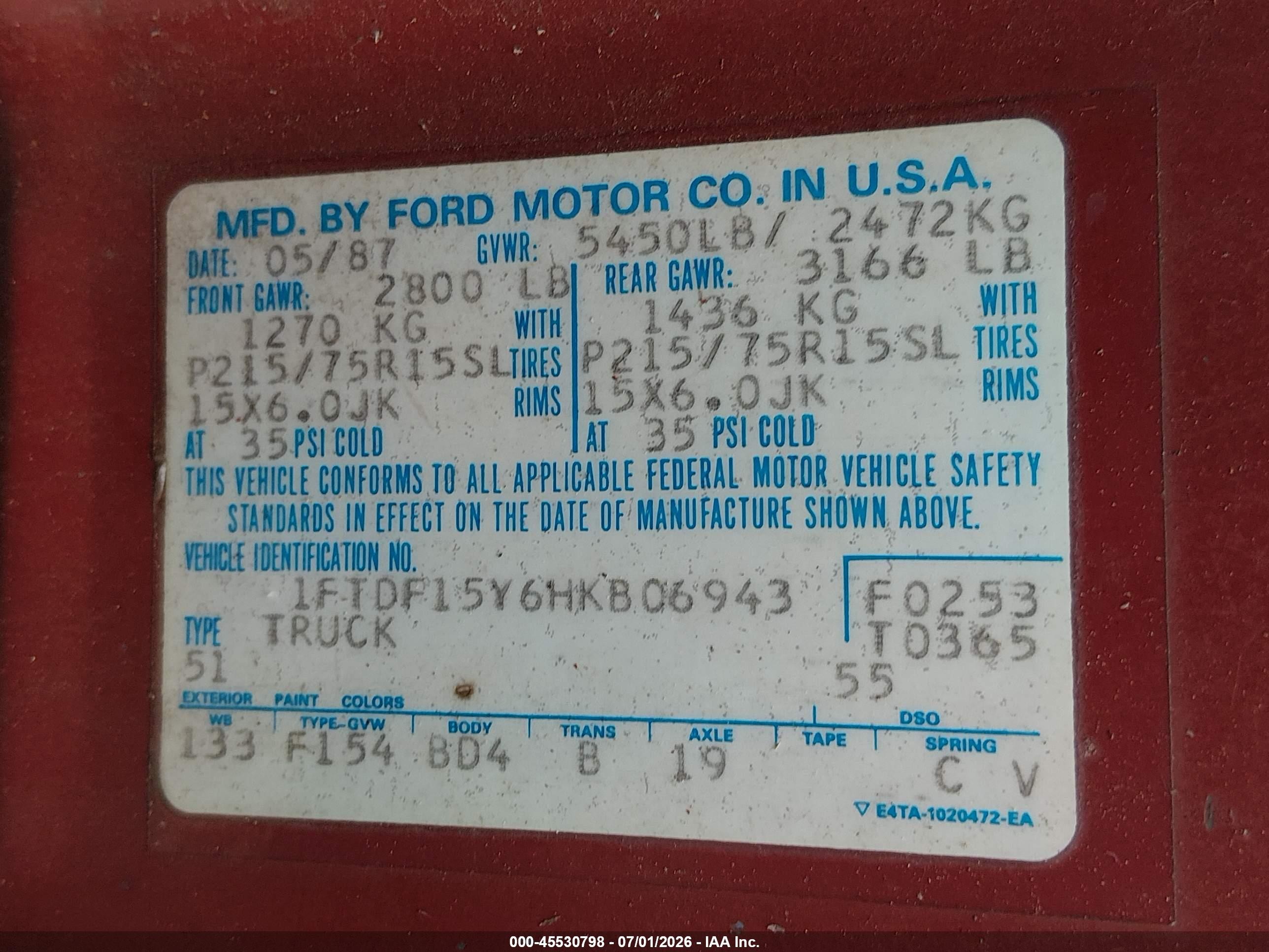 1987 Ford F150   Red vin: 1FTDF15Y6HKB06943