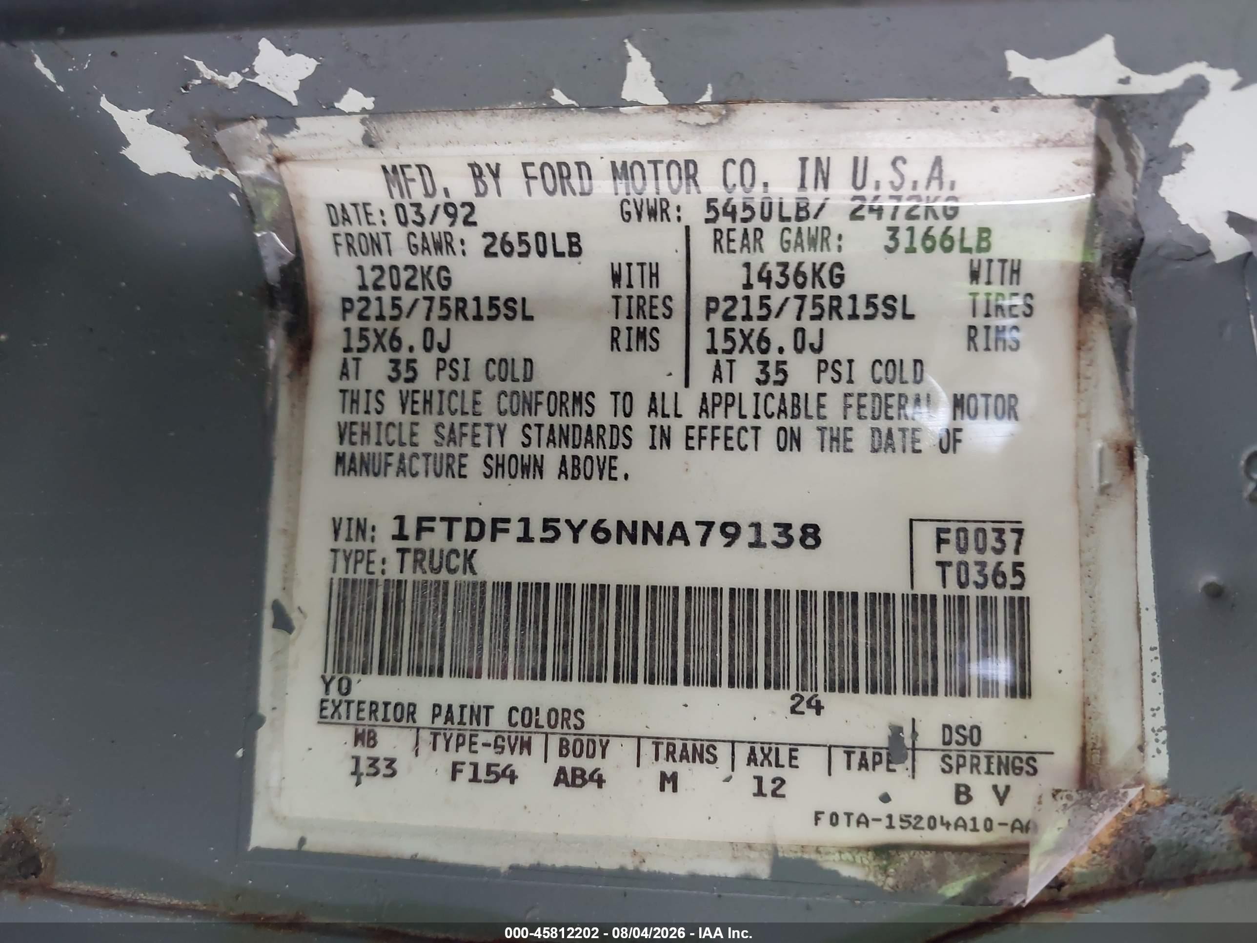 1992 Ford F150   Белый vin: 1FTDF15Y6NNA79138