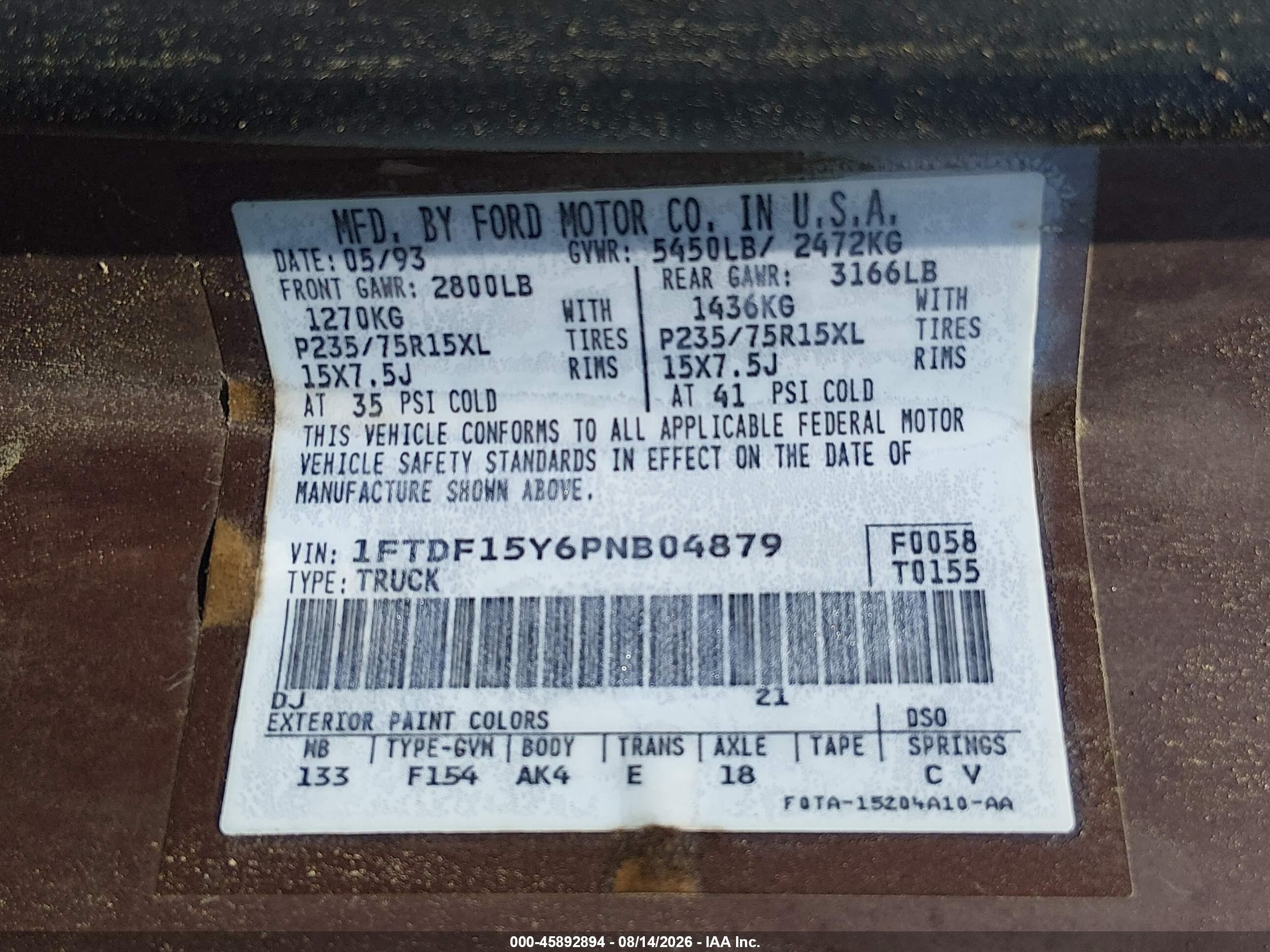 1993 Ford F150   Brown vin: 1FTDF15Y6PNB04879