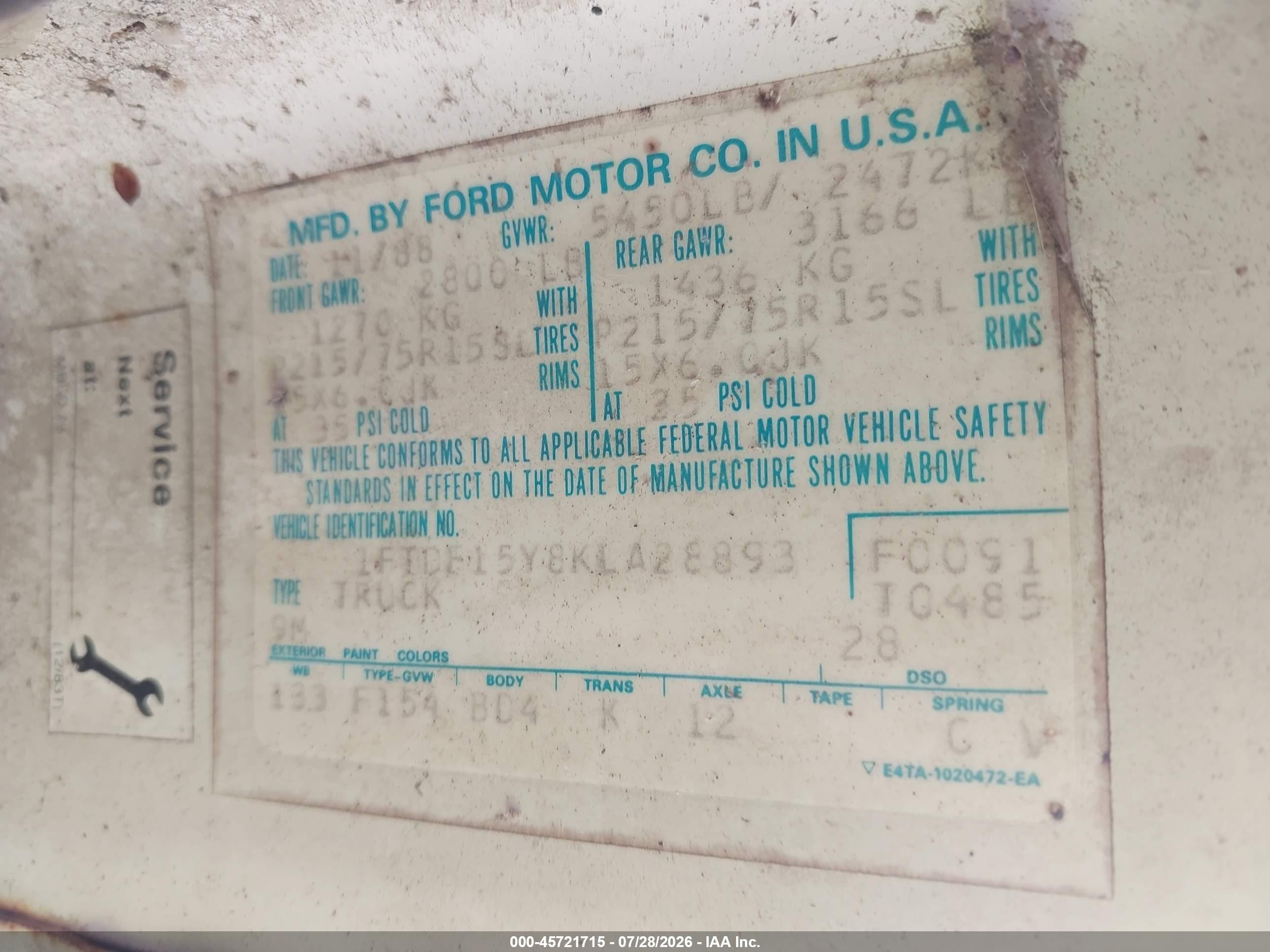 1989 Ford F150   Белый vin: 1FTDF15Y8KLA28893
