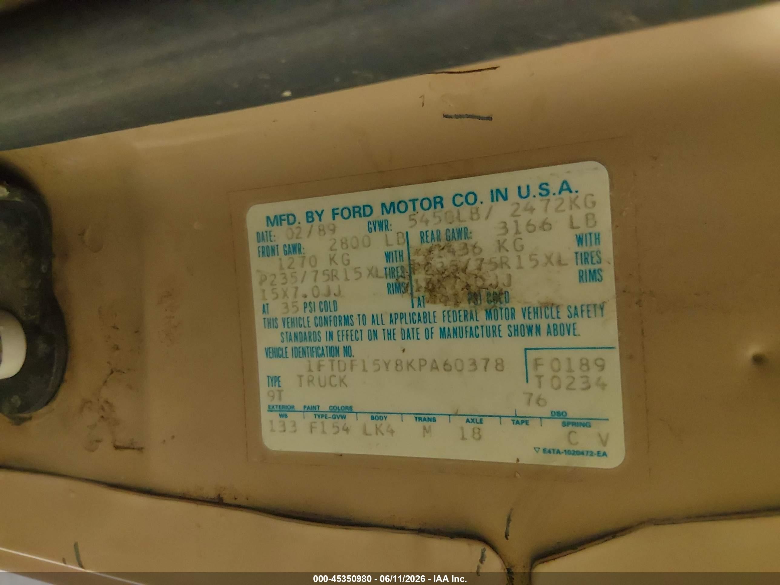 1989 Ford F150   Tan vin: 1FTDF15Y8KPA60378