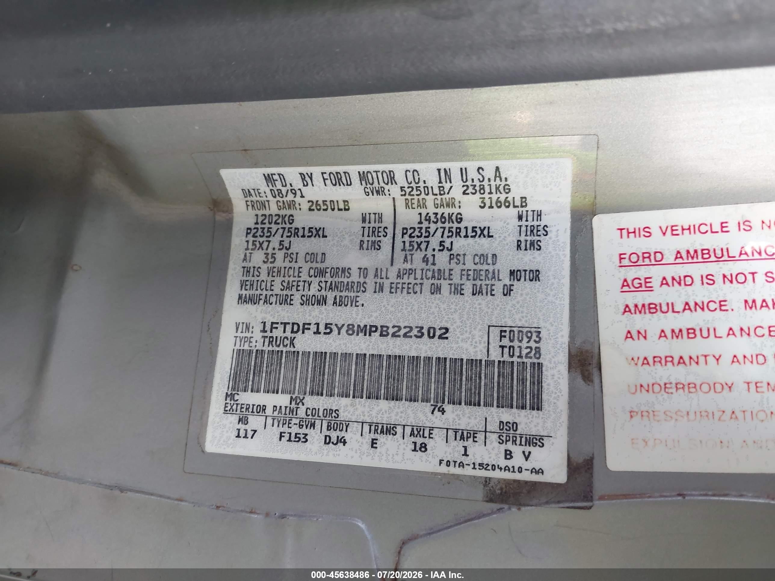 1991 Ford F150   Серый vin: 1FTDF15Y8MPB22302