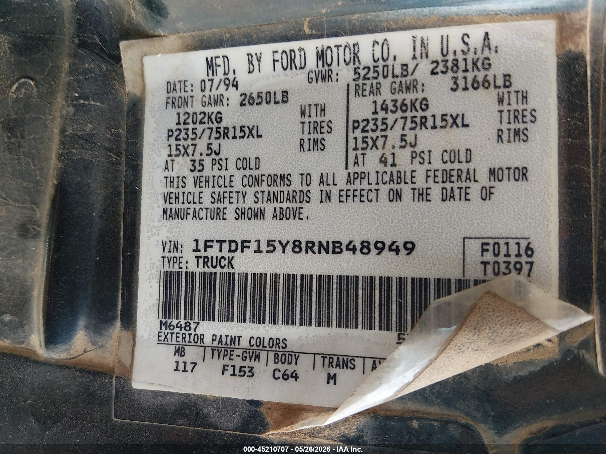 1994 Ford F150 Blue vin: 1FTDF15Y8RNB48949